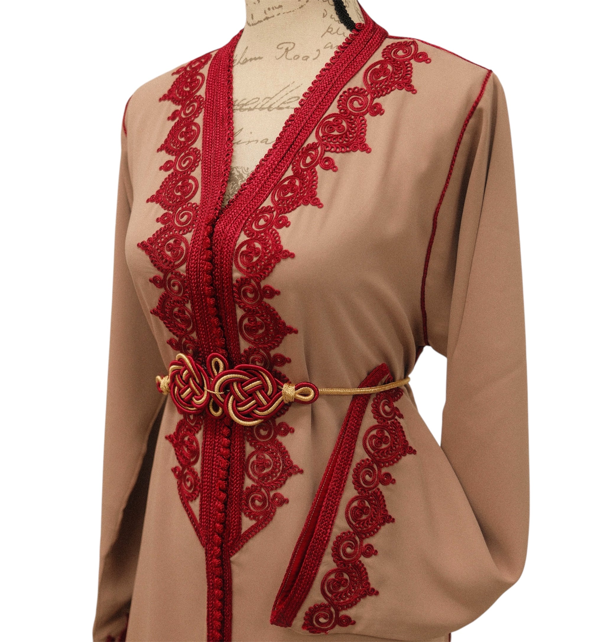 Chic Taupe Caftan with Burgundy Accents for Eid and Events