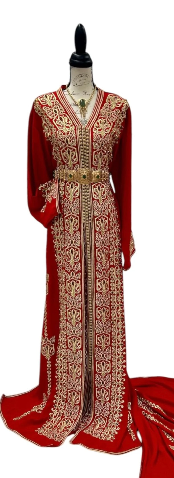 Red Bridal Caftan with Gold Embroidery and Train – Elegant Wedding Attire