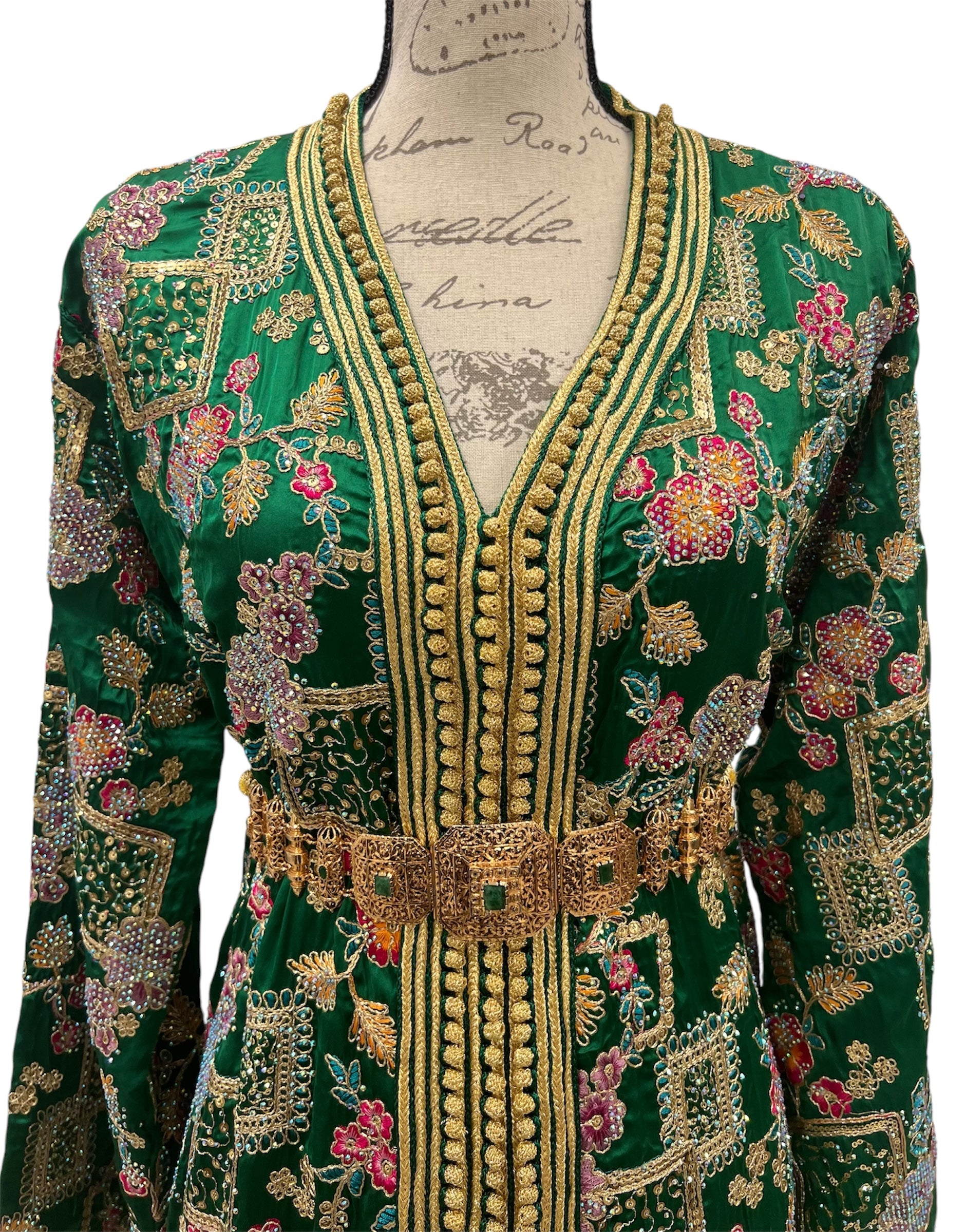 Tropical Emerald Caftan Featuring Pink Lining & Embroidery