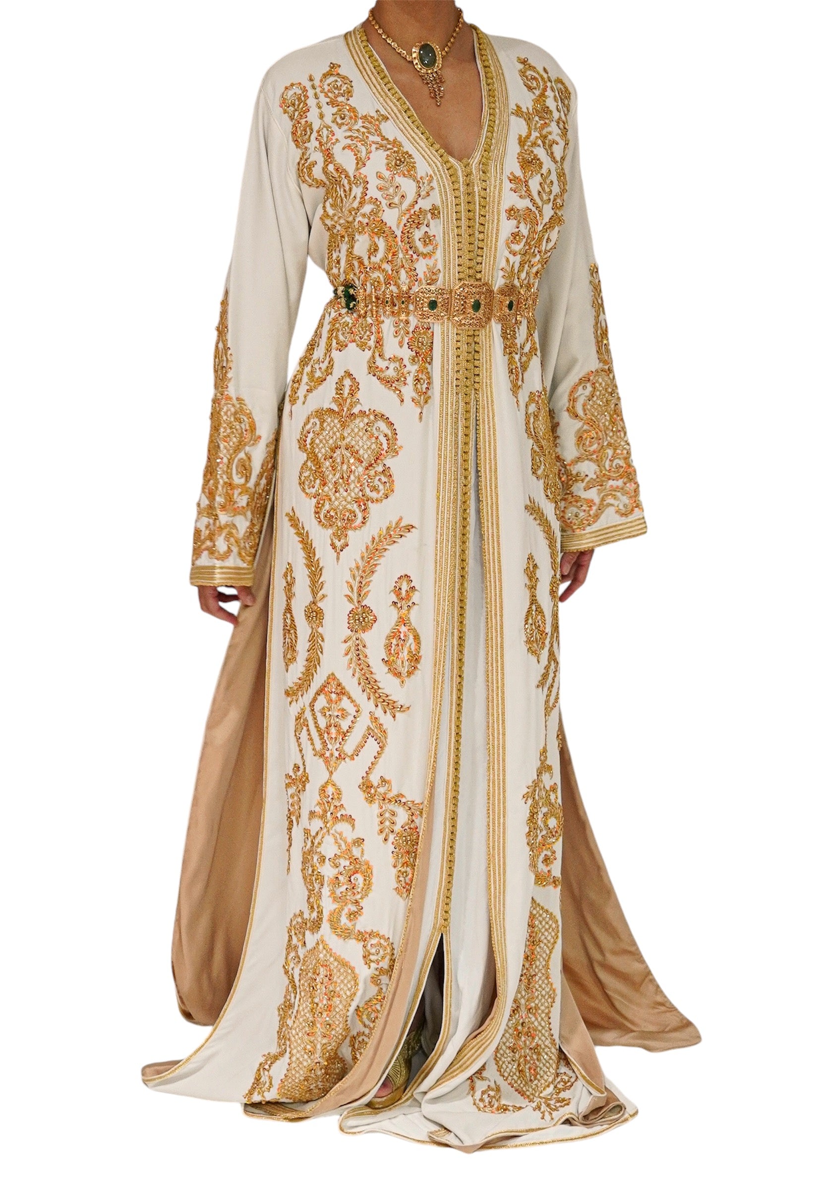 Gold Embroidered Cinched Waist Bridal Caftan with Satin Lining