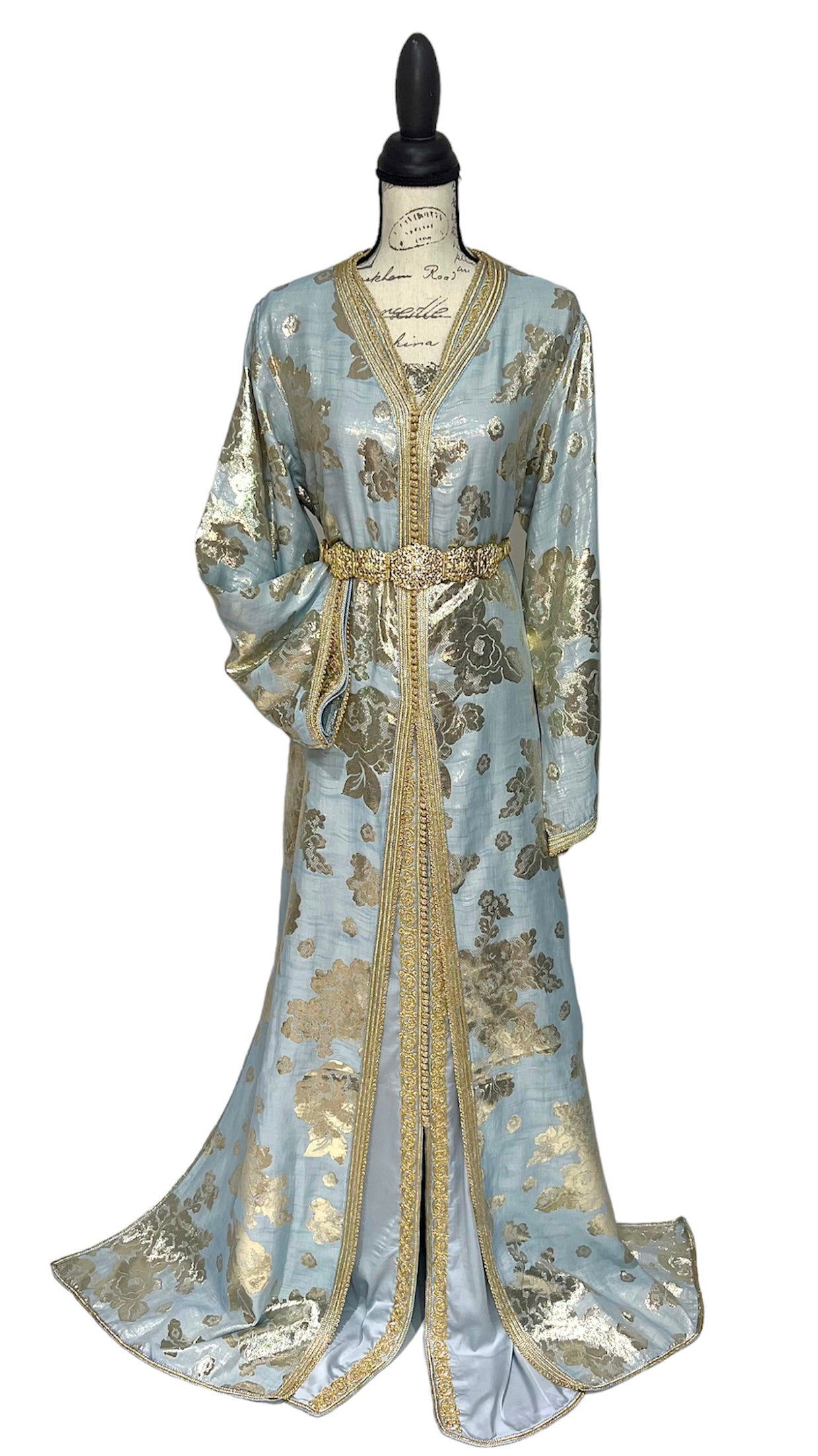 Blue Grey Floral Metallic Caftan