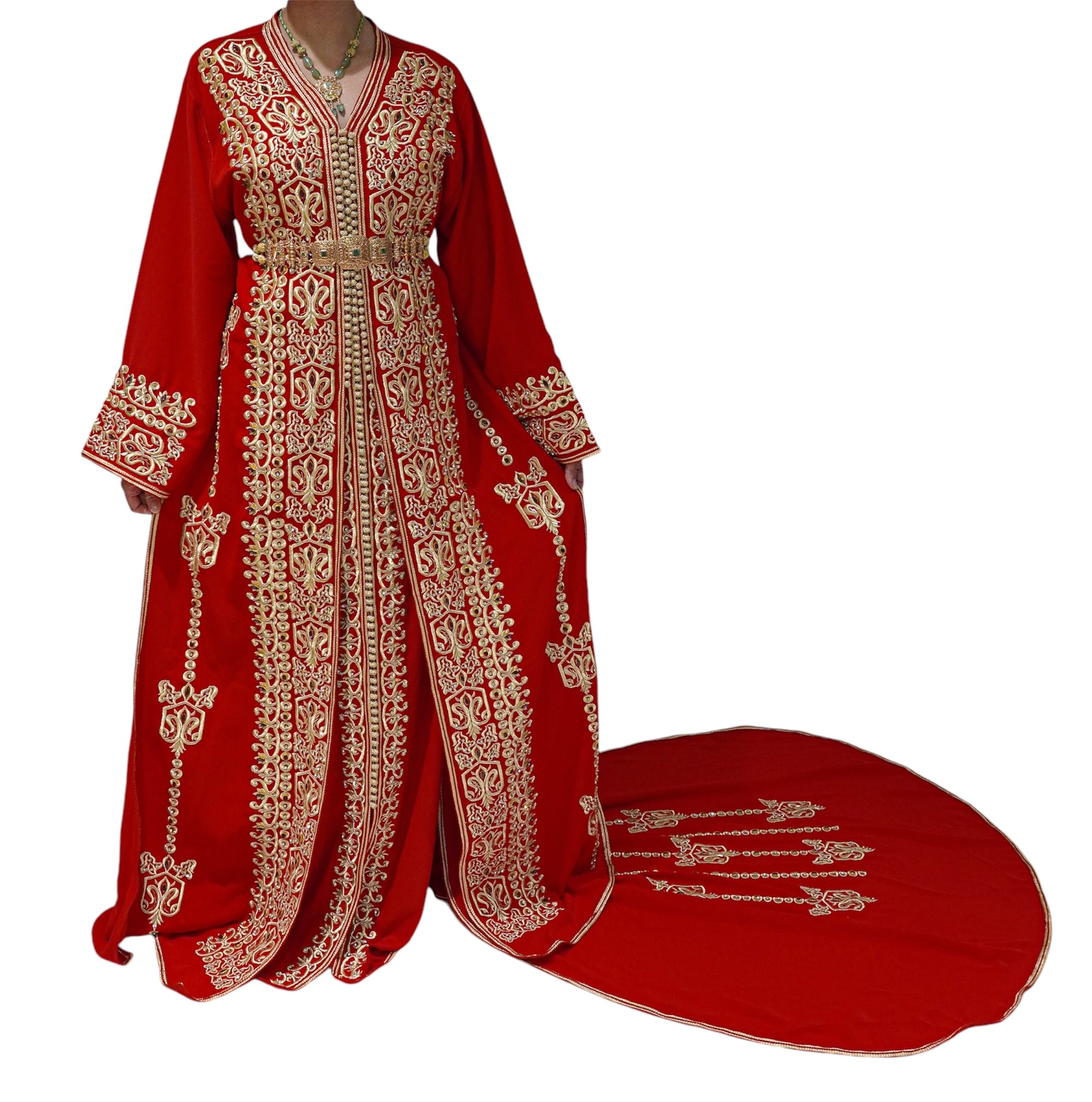 Red Bridal Caftan with Gold Embroidery and Train – Elegant Wedding Attire