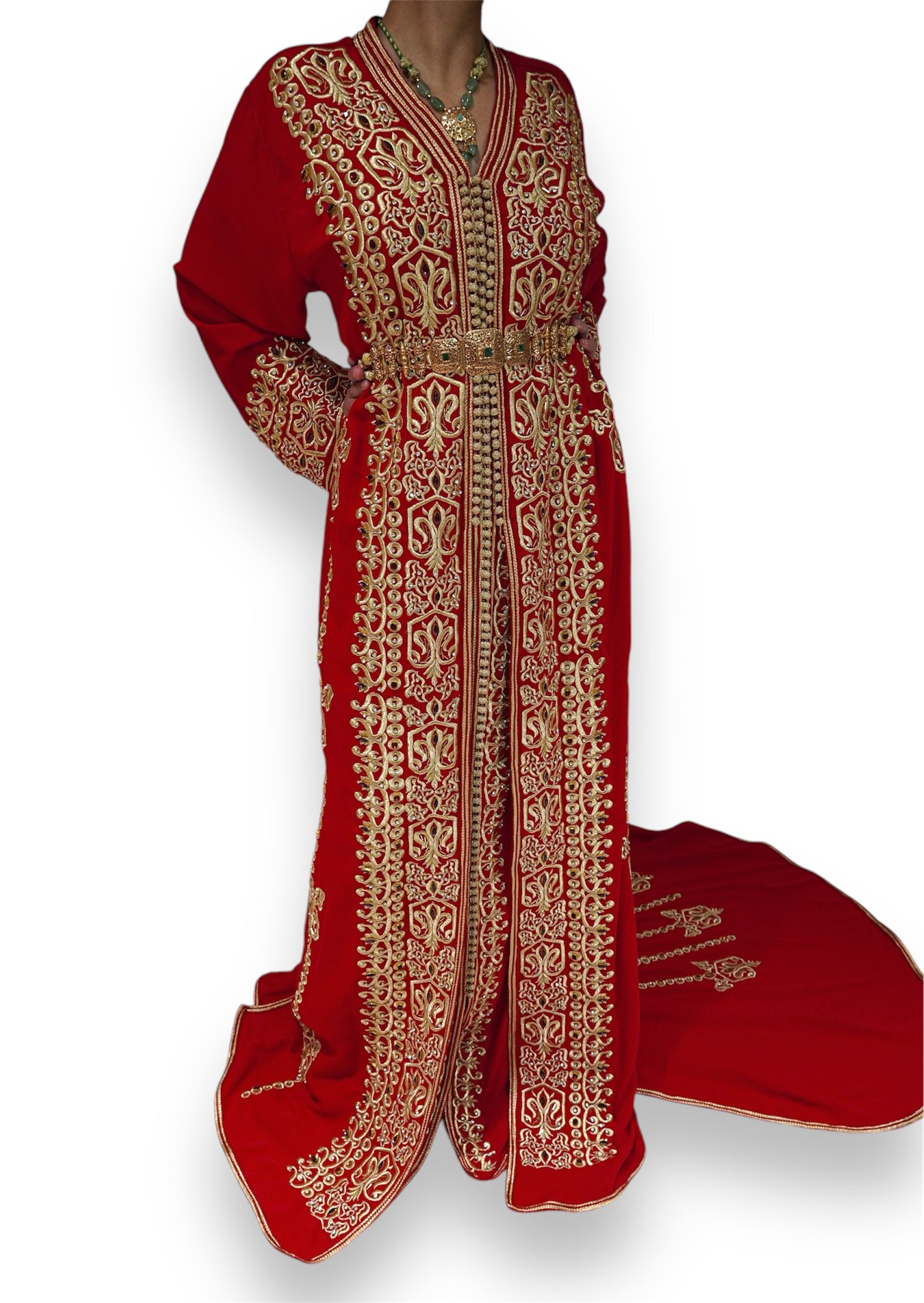 Red Bridal Caftan with Gold Embroidery and Train – Elegant Wedding Attire