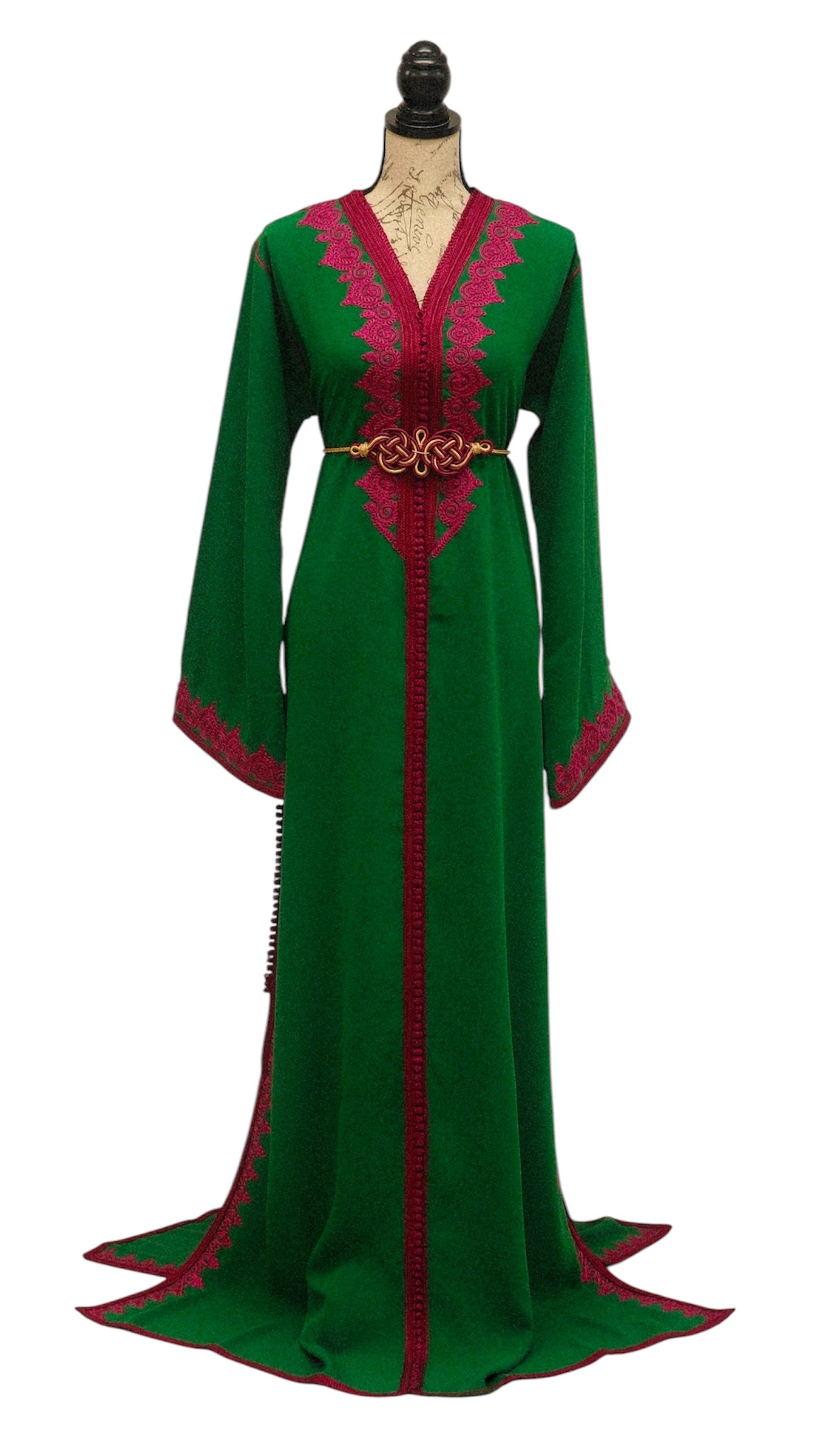 Chic Green Caftan with Fuchsia Embroidery