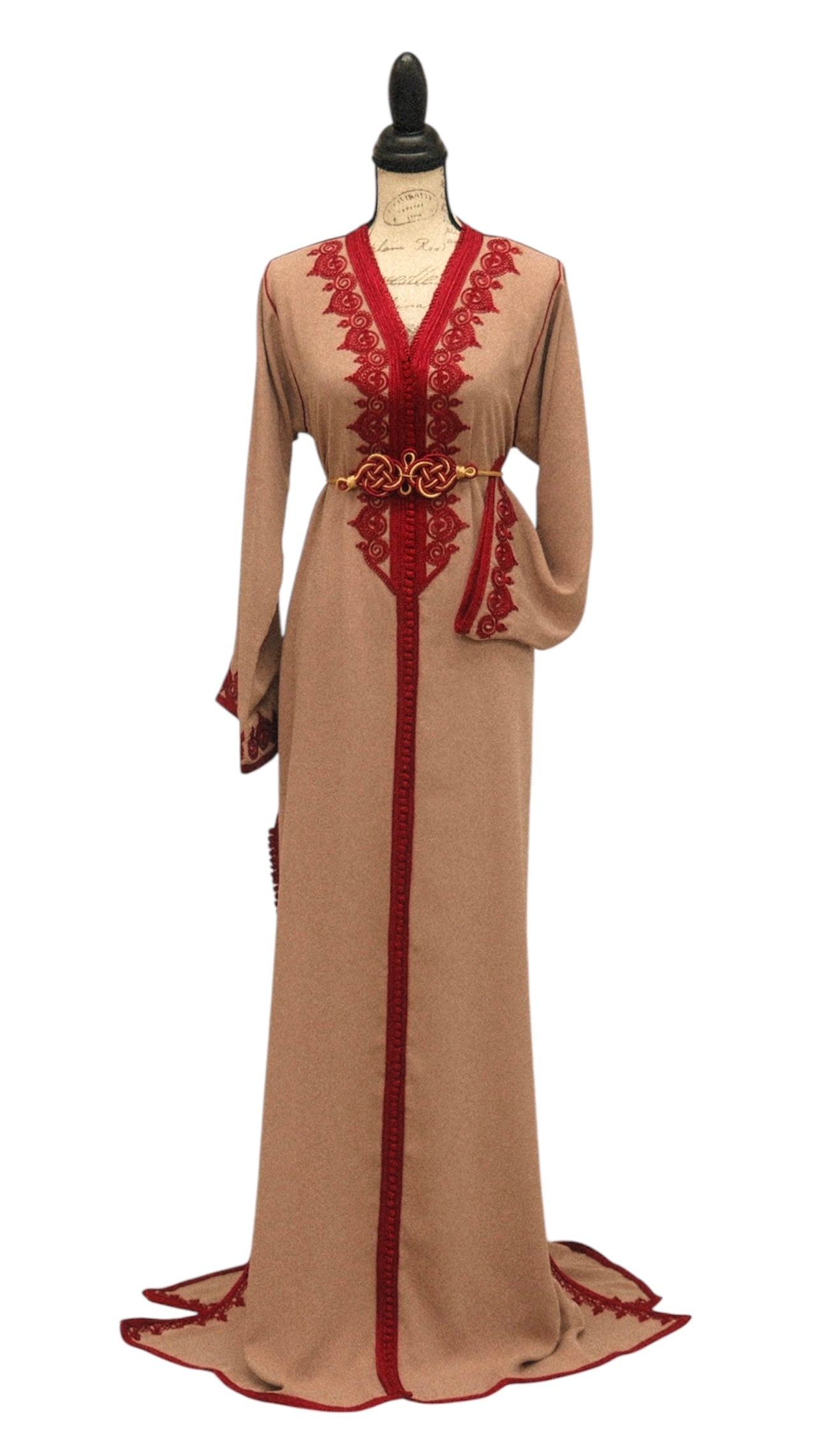 Chic Taupe Caftan with Burgundy Accents for Eid and Events