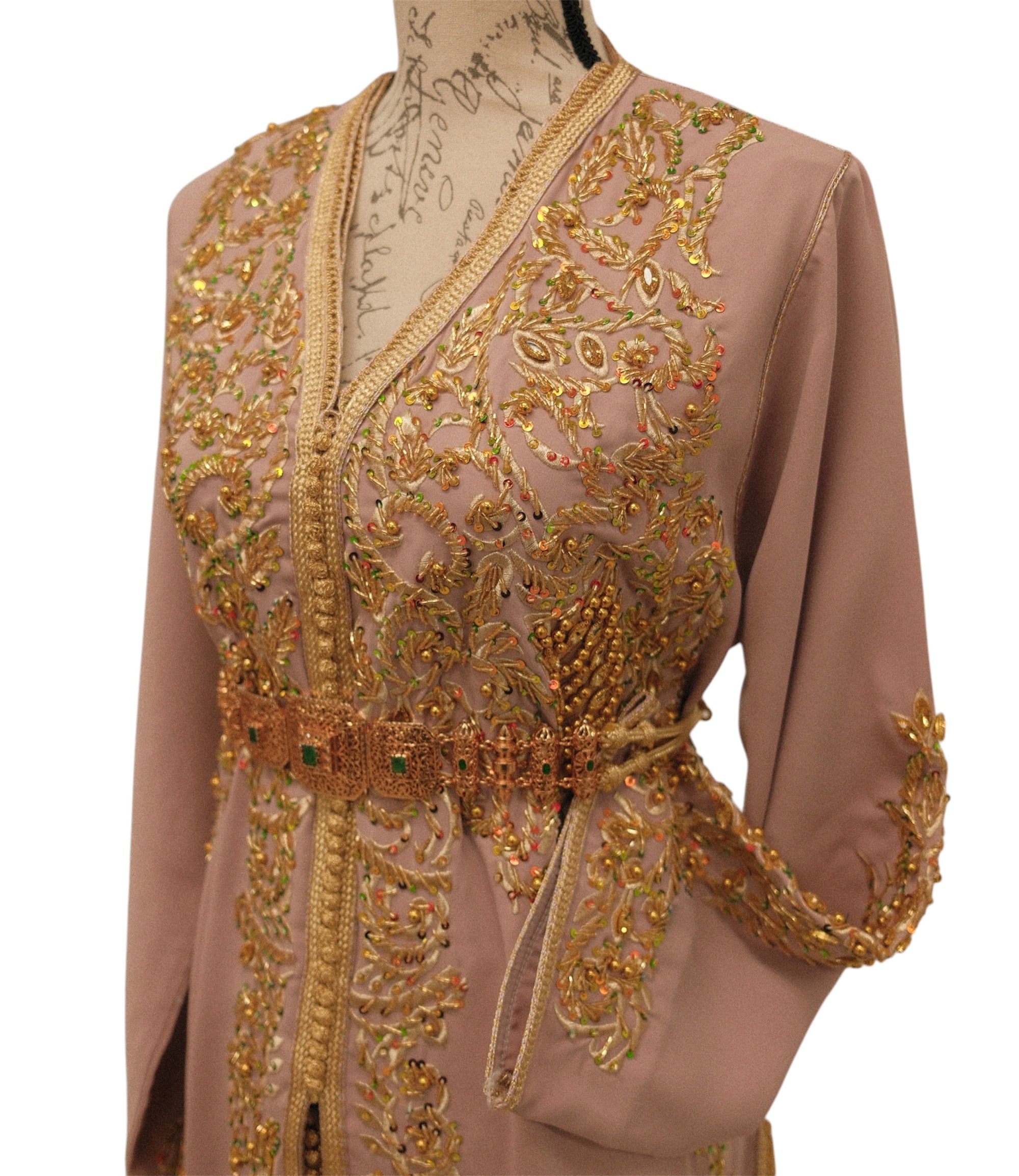 Dusty Rose Wedding Caftan with Gold Beading and Train