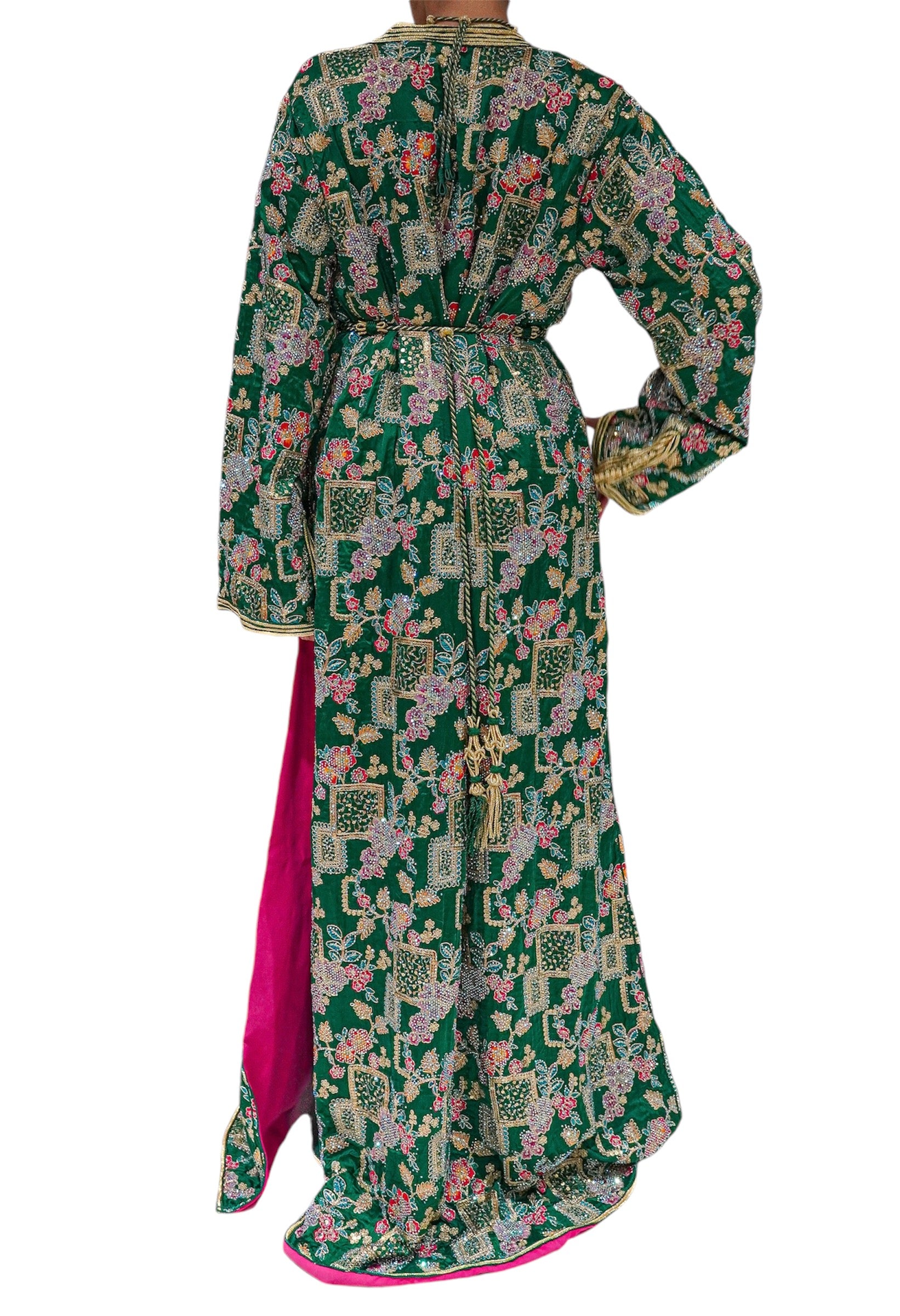 Tropical Emerald Caftan Featuring Pink Lining & Embroidery