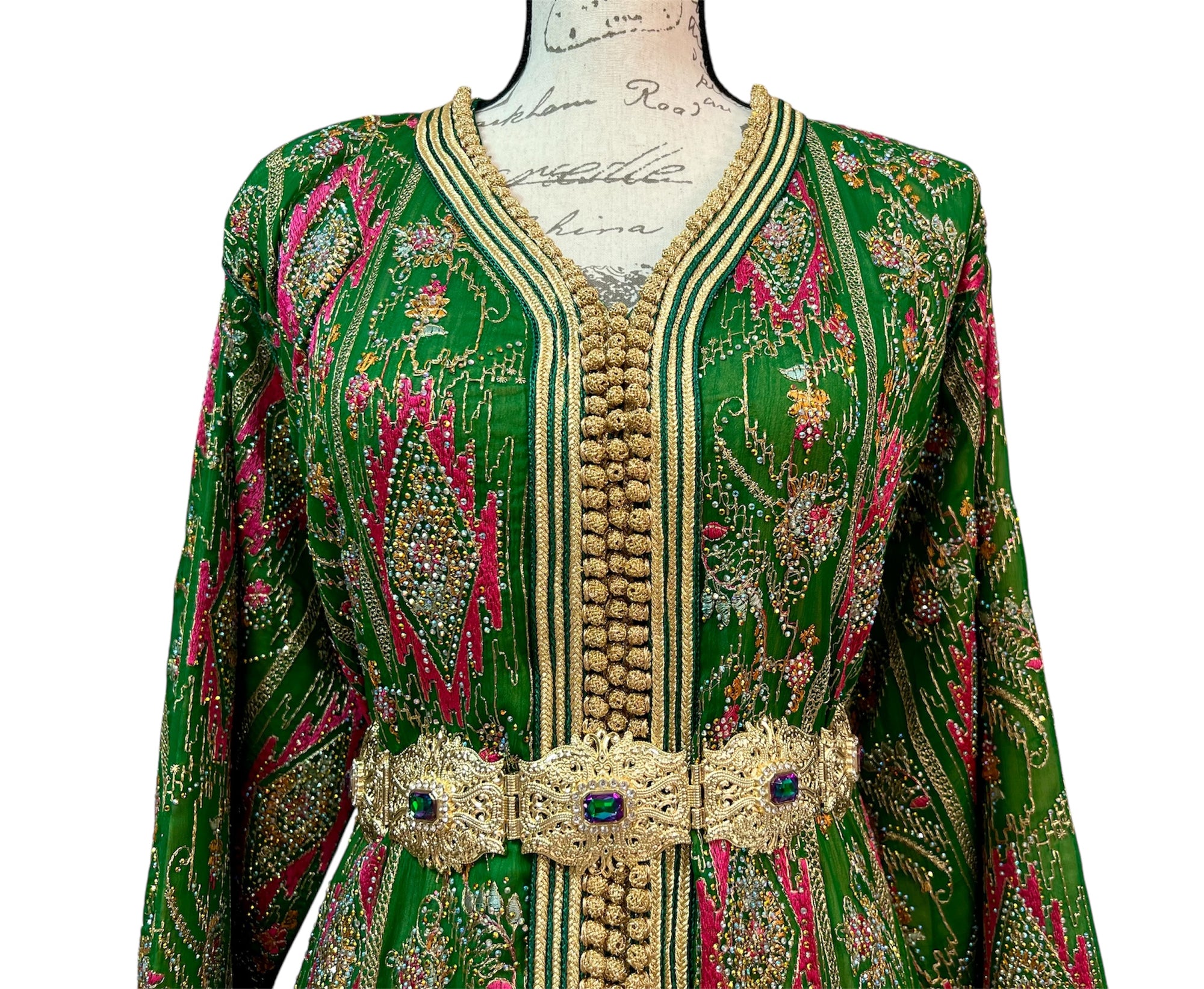 Green Moroccan Caftan with Gold Embroidery and Fuchsia Details