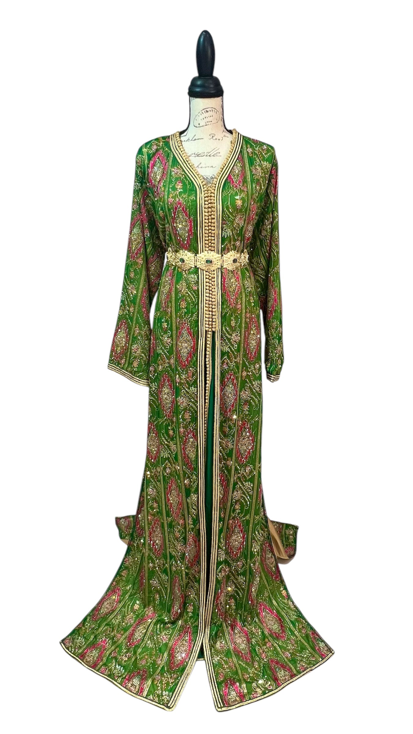 Green Moroccan Caftan with Gold Embroidery and Fuchsia Details