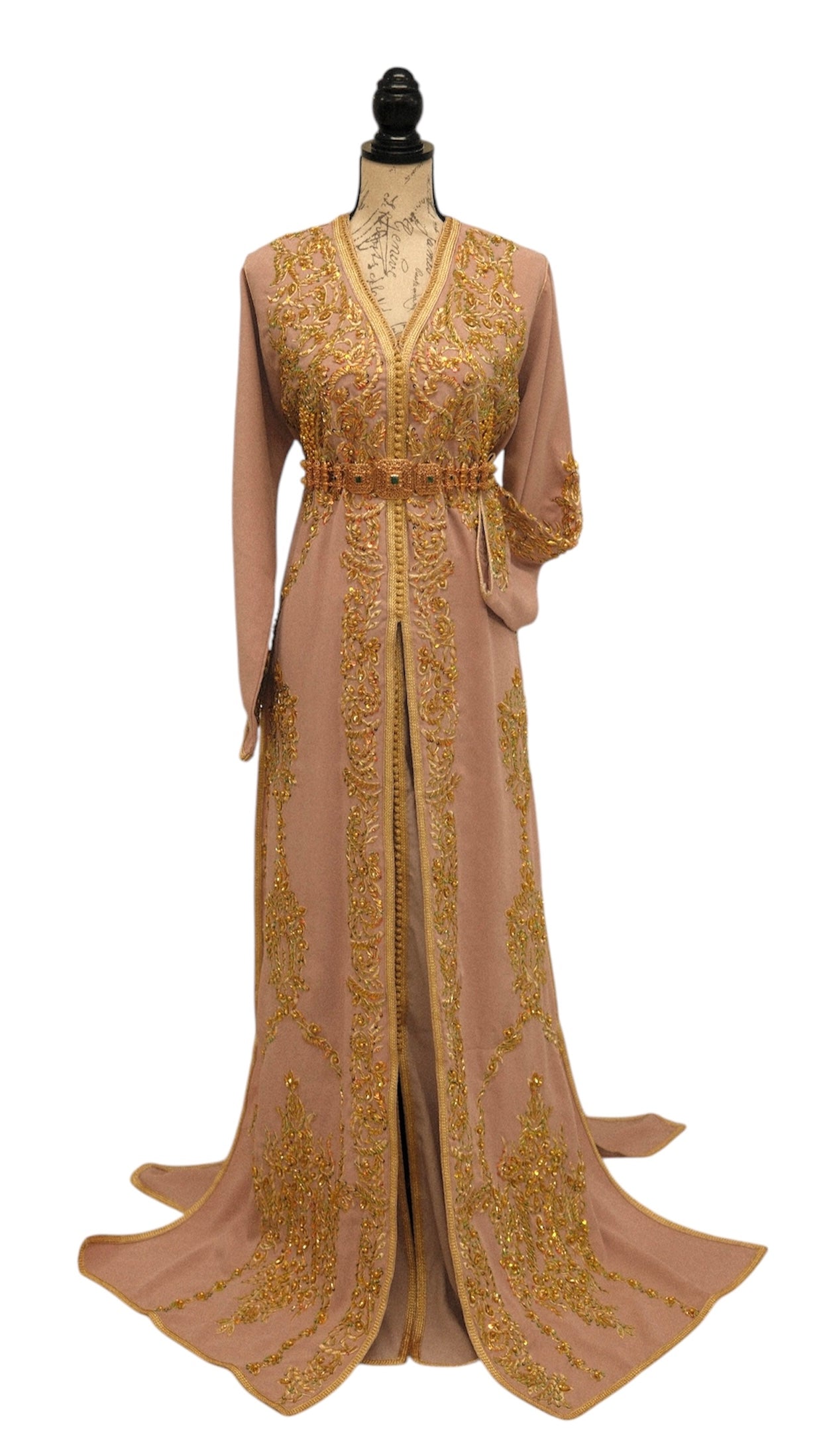 Dusty Rose Wedding Caftan with Gold Beading and Train