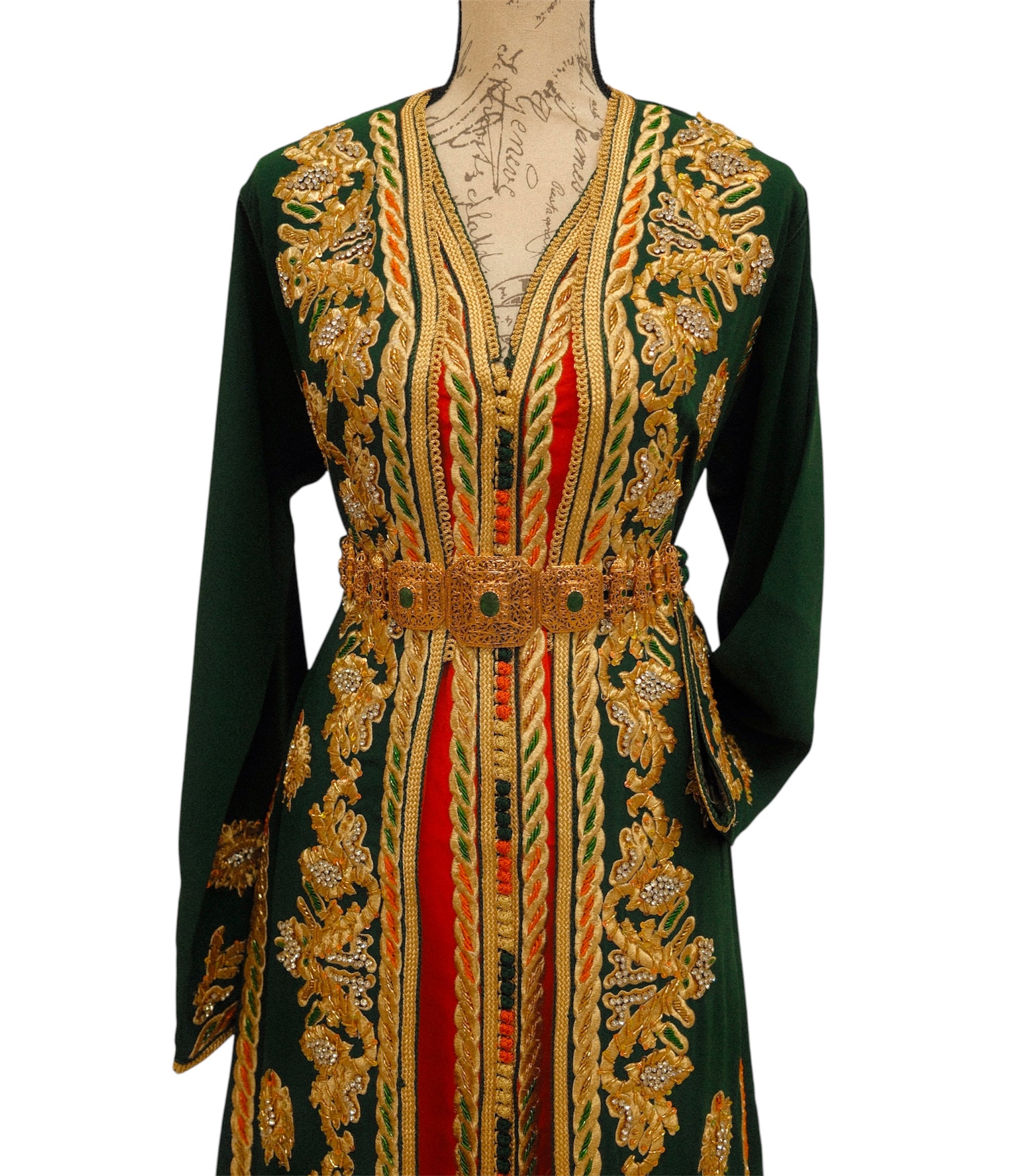 Emerald Green Moroccan Caftan – Two-Piece Satin-Lined Bridal & Evening Dress