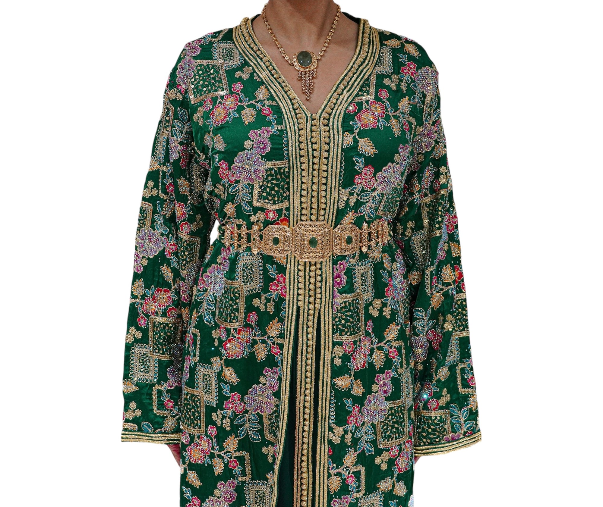 Tropical Emerald Caftan Featuring Pink Lining & Embroidery