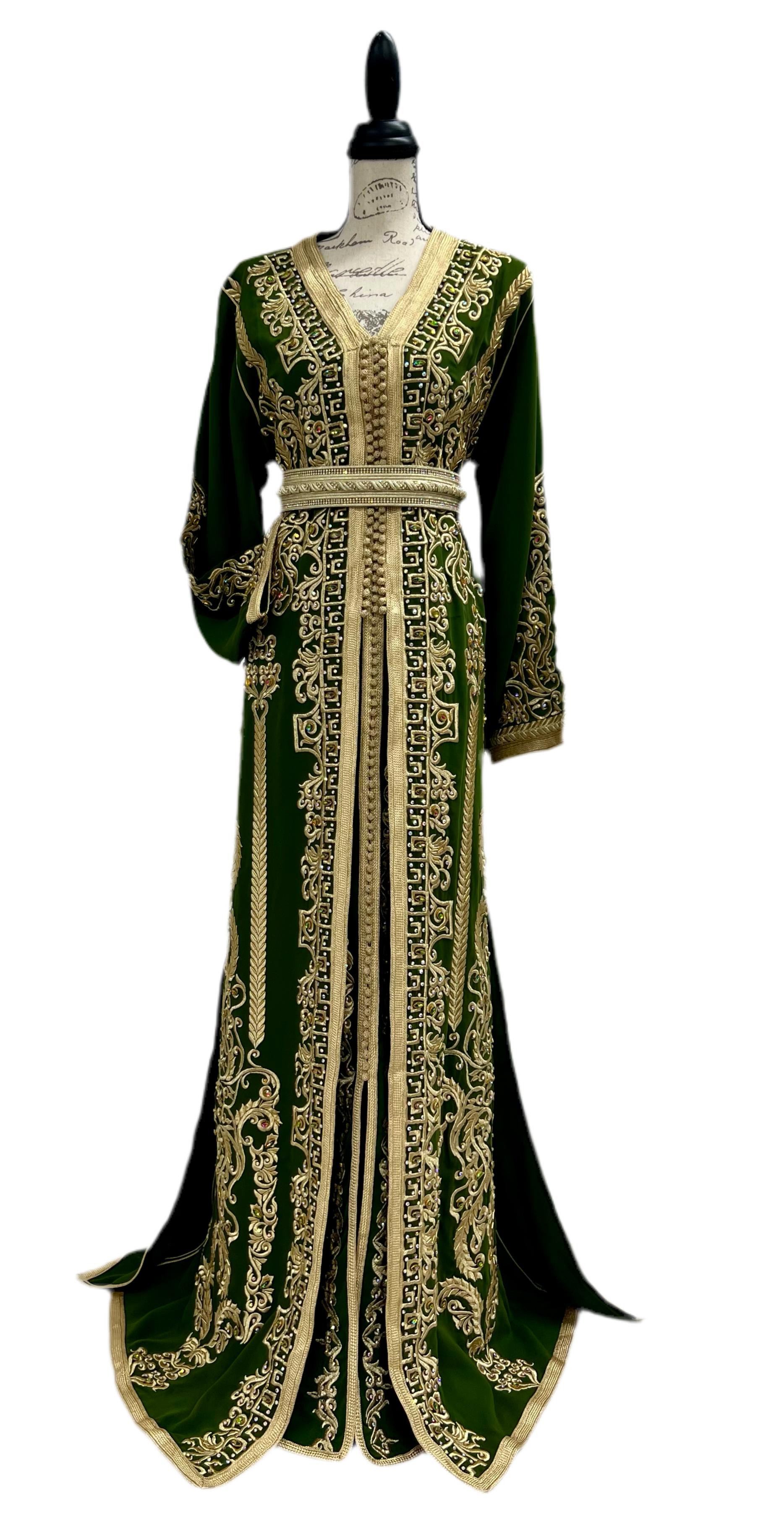 Olive Green and Gold Embroidered Crepe Caftan for Weddings and Special Events