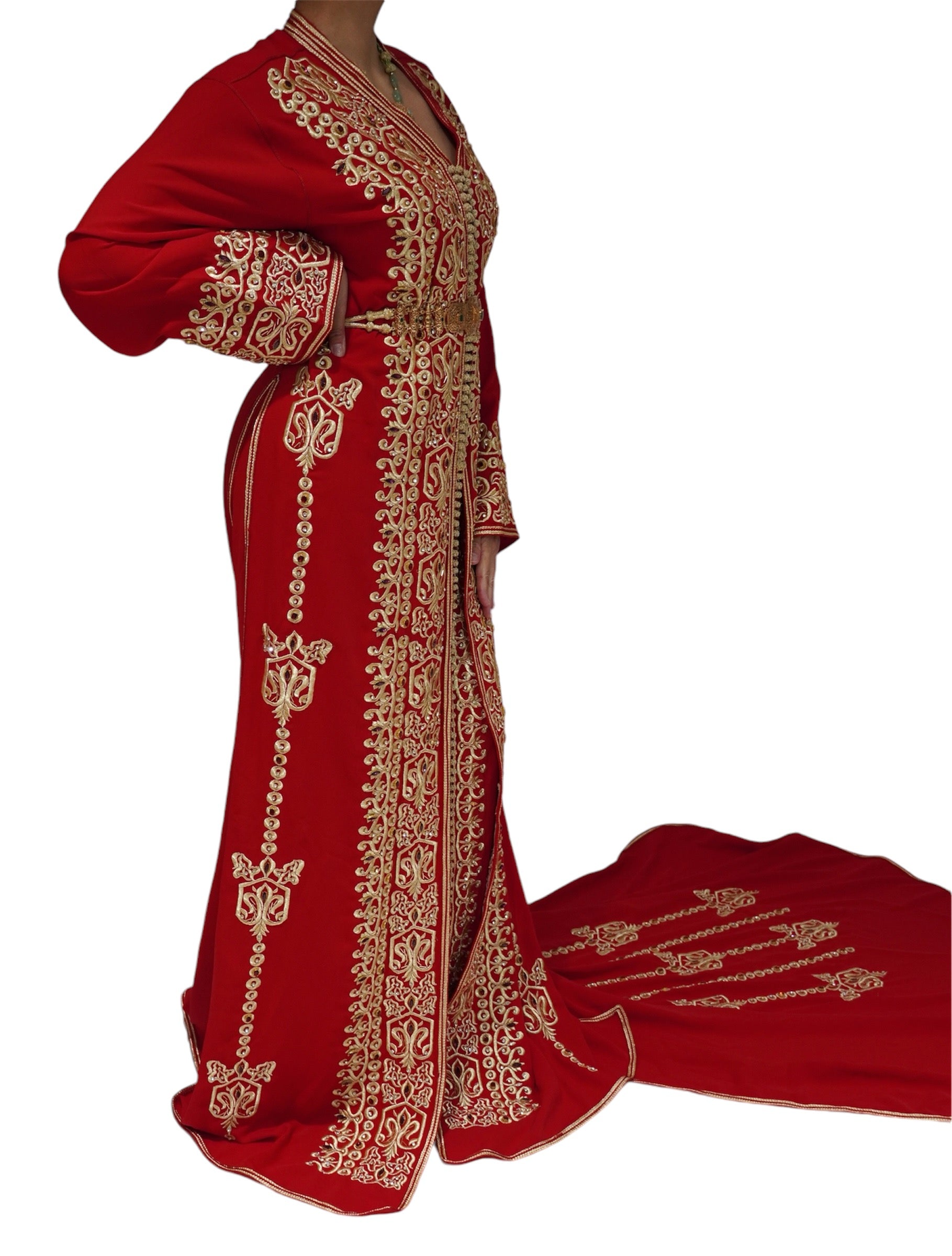 Red Bridal Caftan with Gold Embroidery and Train – Elegant Wedding Attire