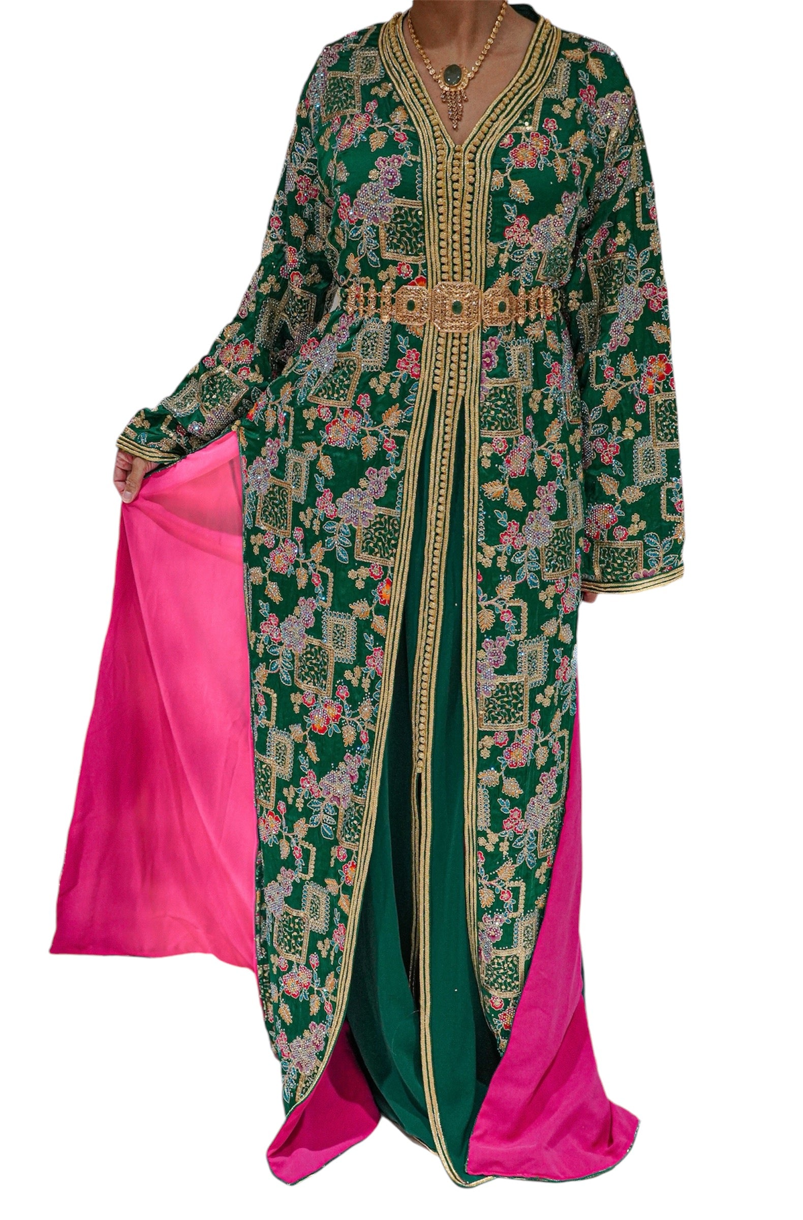 Tropical Emerald Caftan Featuring Pink Lining & Embroidery