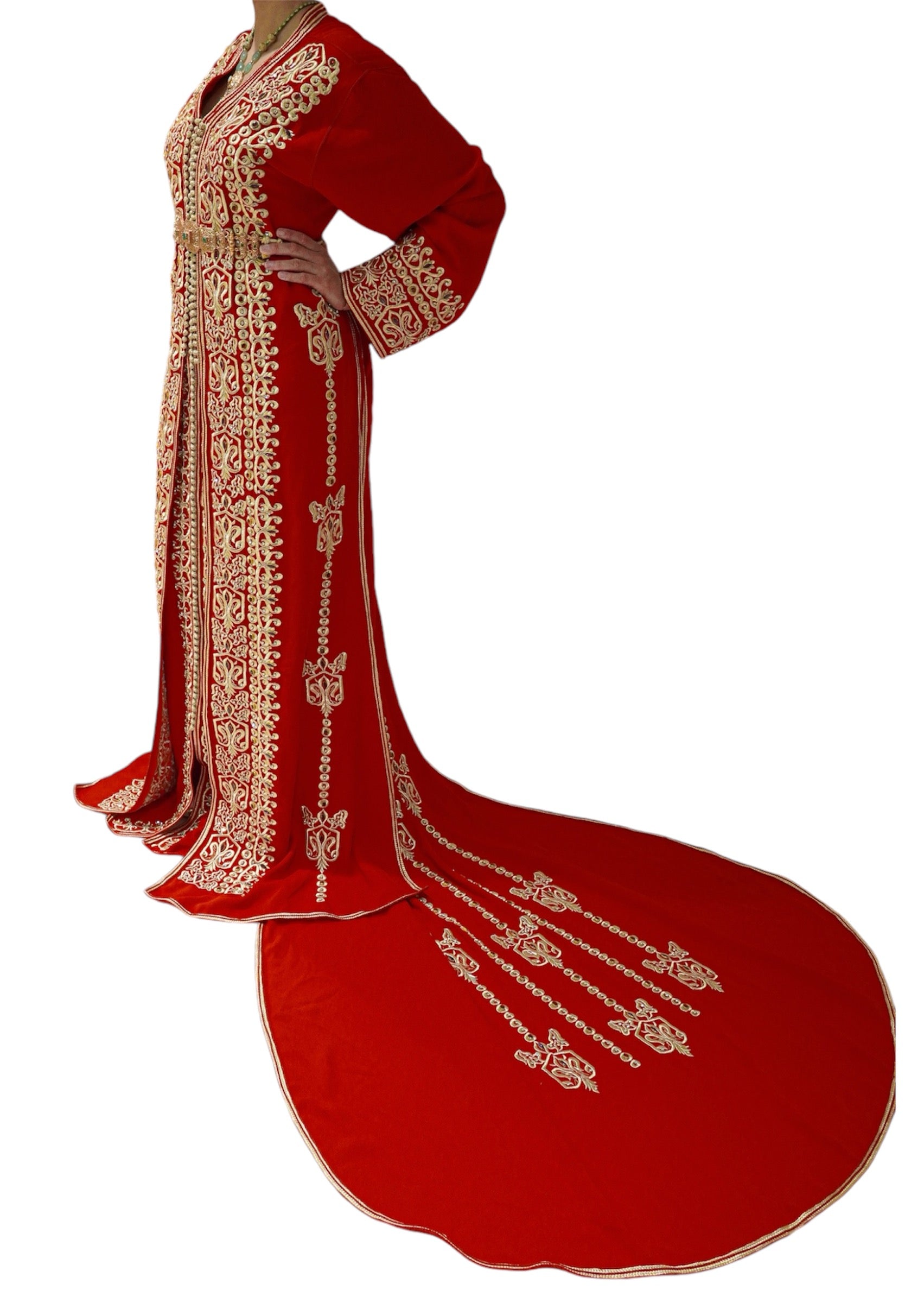 Red Bridal Caftan with Gold Embroidery and Train – Elegant Wedding Attire