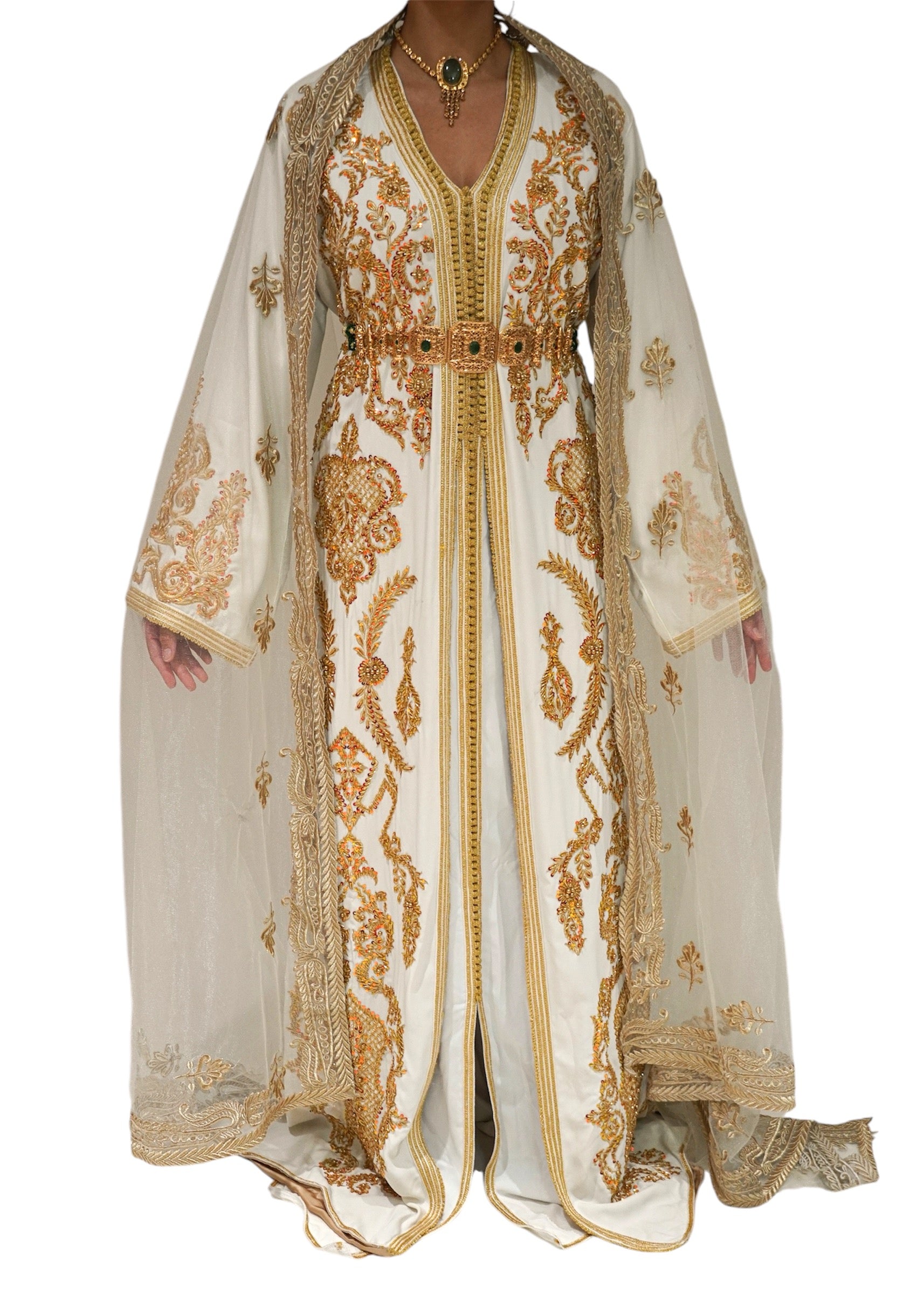 Gold Embroidered Cinched Waist Bridal Caftan with Satin Lining