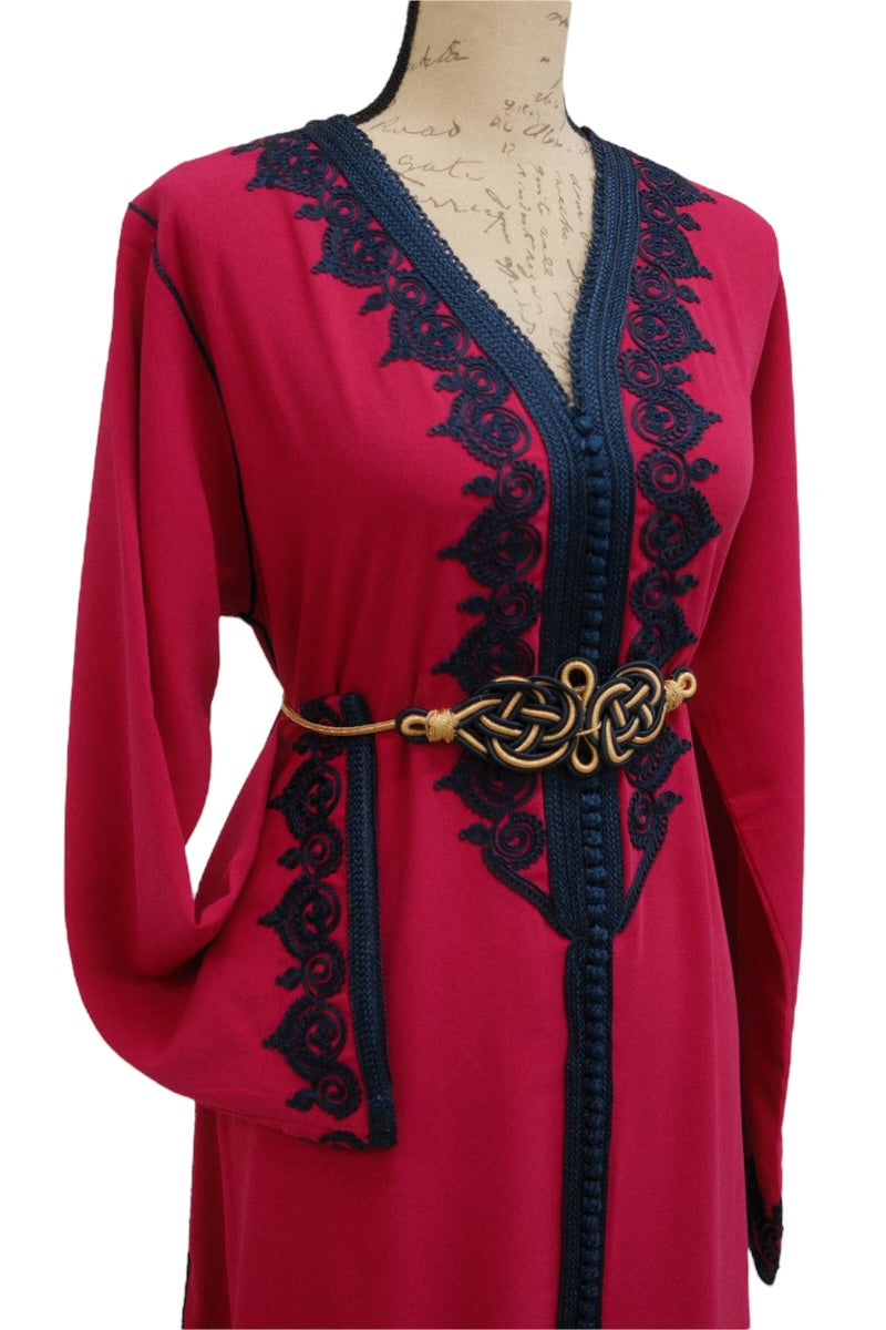 Chic Fuchsia Caftan with Navy Blue Embroidery