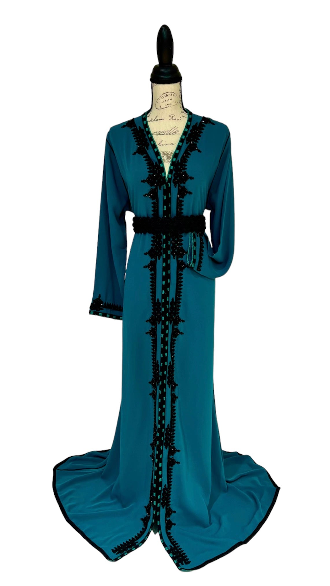 Black Embroidered Teal Caftan