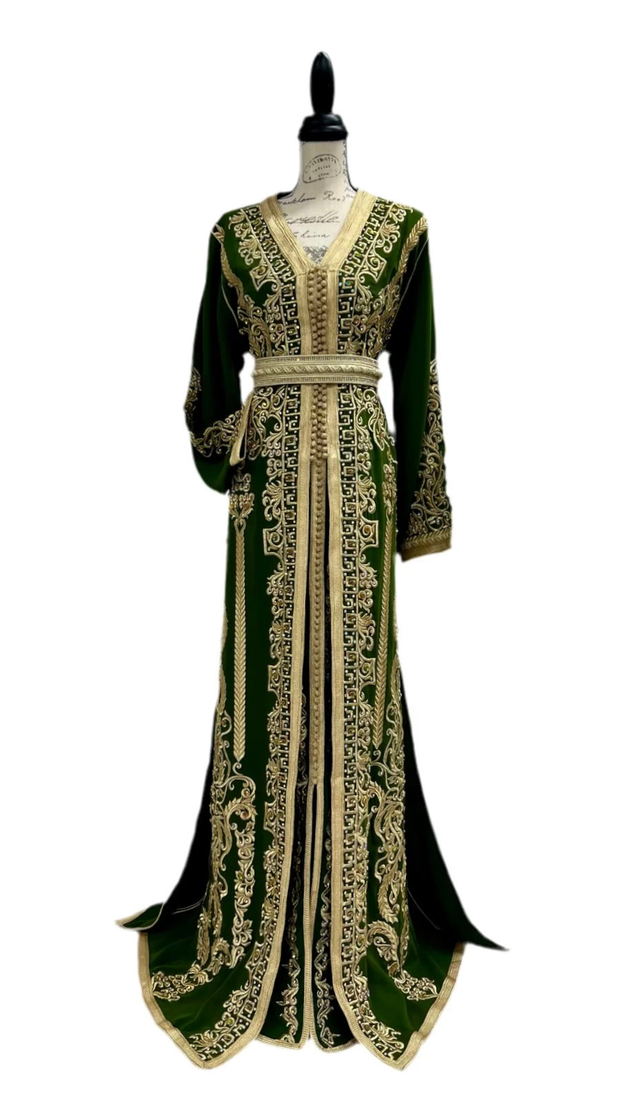 Olive Green and Gold Embroidered Crepe Caftan for Weddings and Special Events