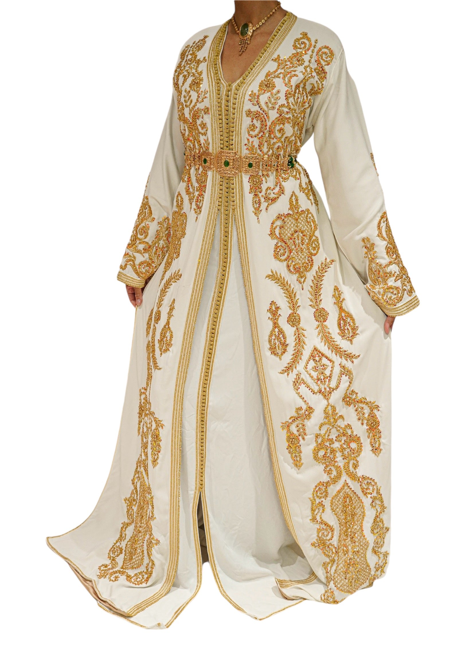 Gold Embroidered Cinched Waist Bridal Caftan with Satin Lining