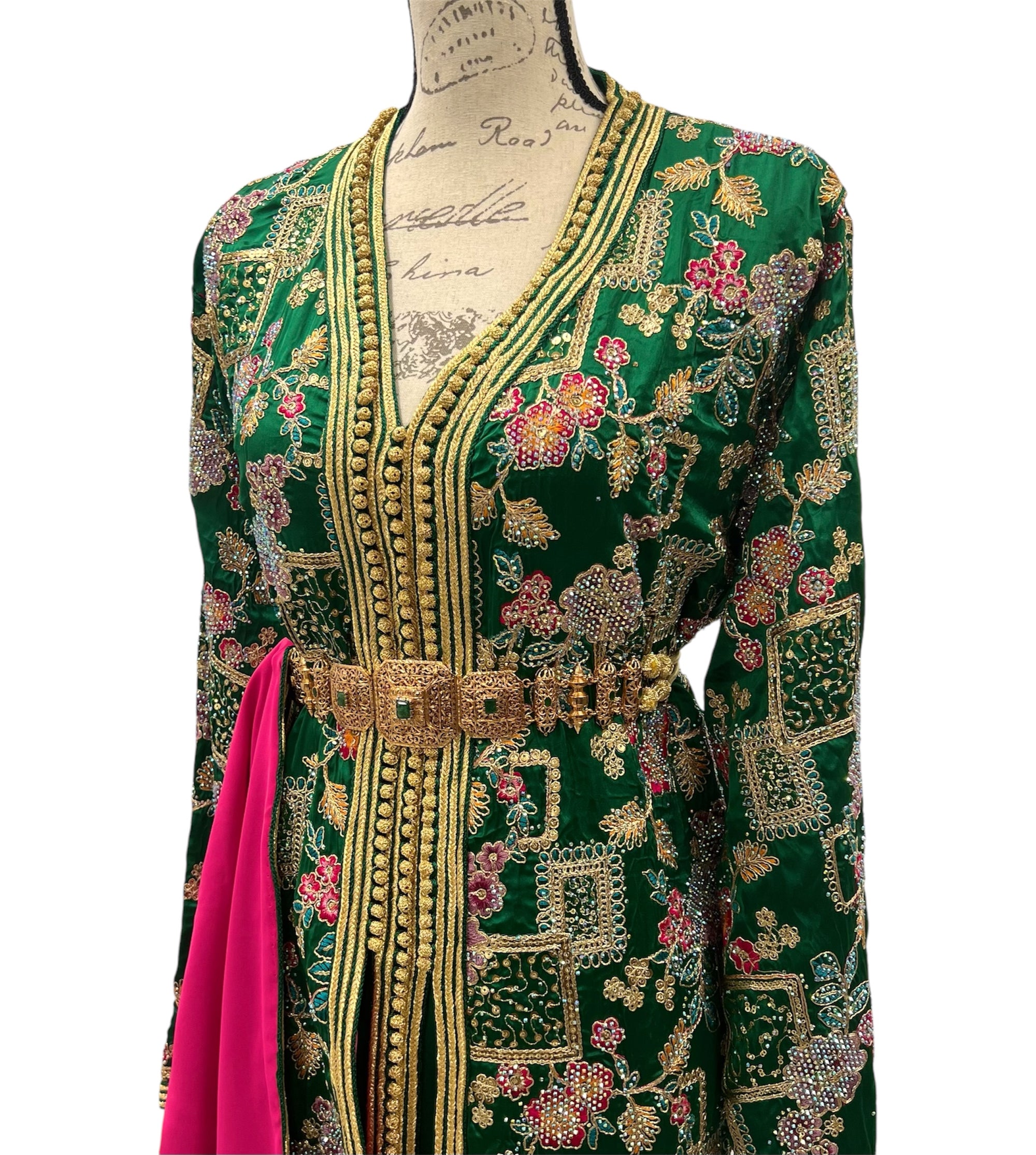 Tropical Emerald Caftan Featuring Pink Lining & Embroidery