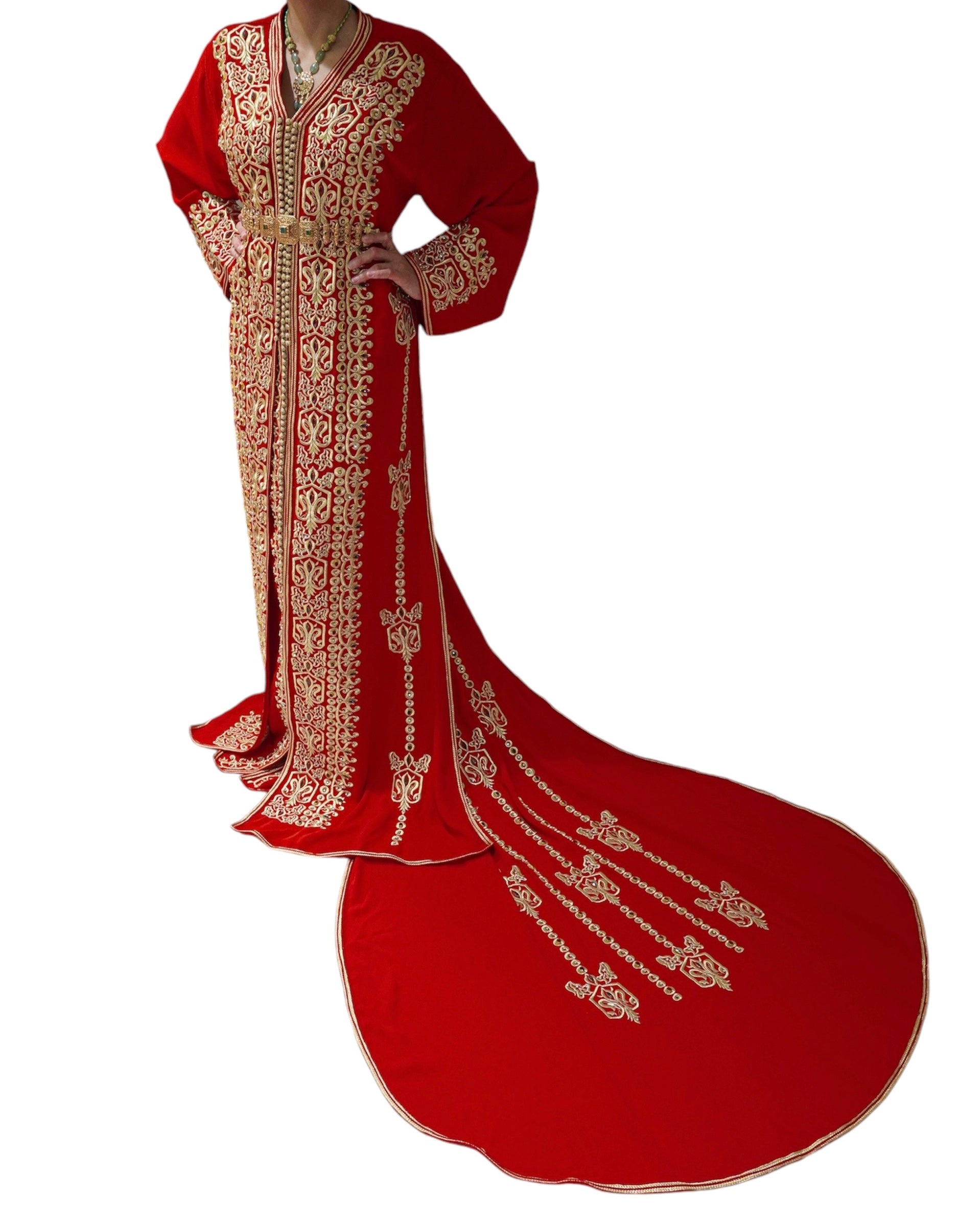 Red Bridal Caftan with Gold Embroidery and Train – Elegant Wedding Attire