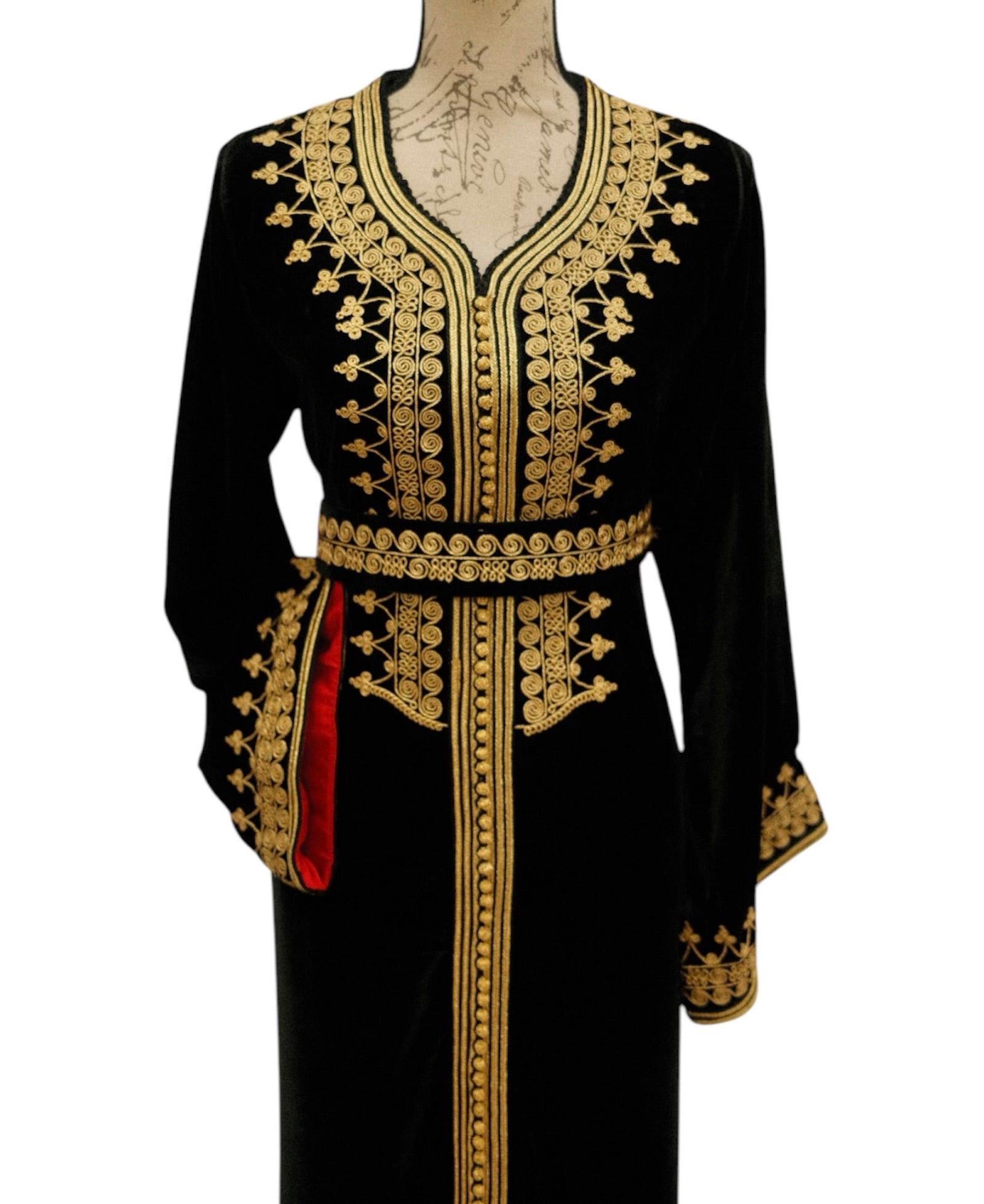 Timeless Black Velvet Caftan with Exquisite Gold Embroidery and Red Satin Contrast