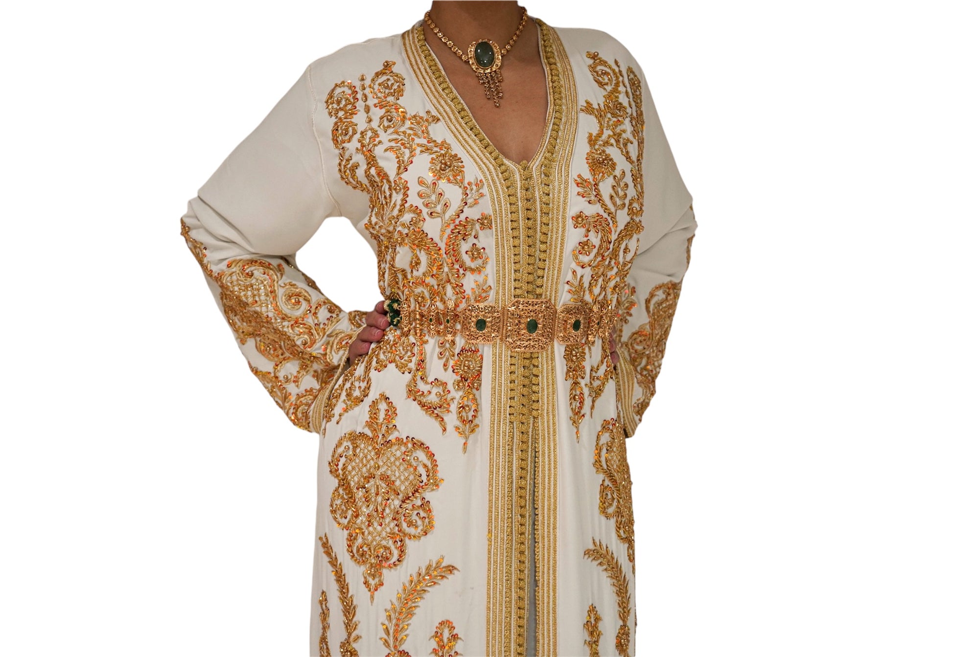 Gold Embroidered Cinched Waist Bridal Caftan with Satin Lining