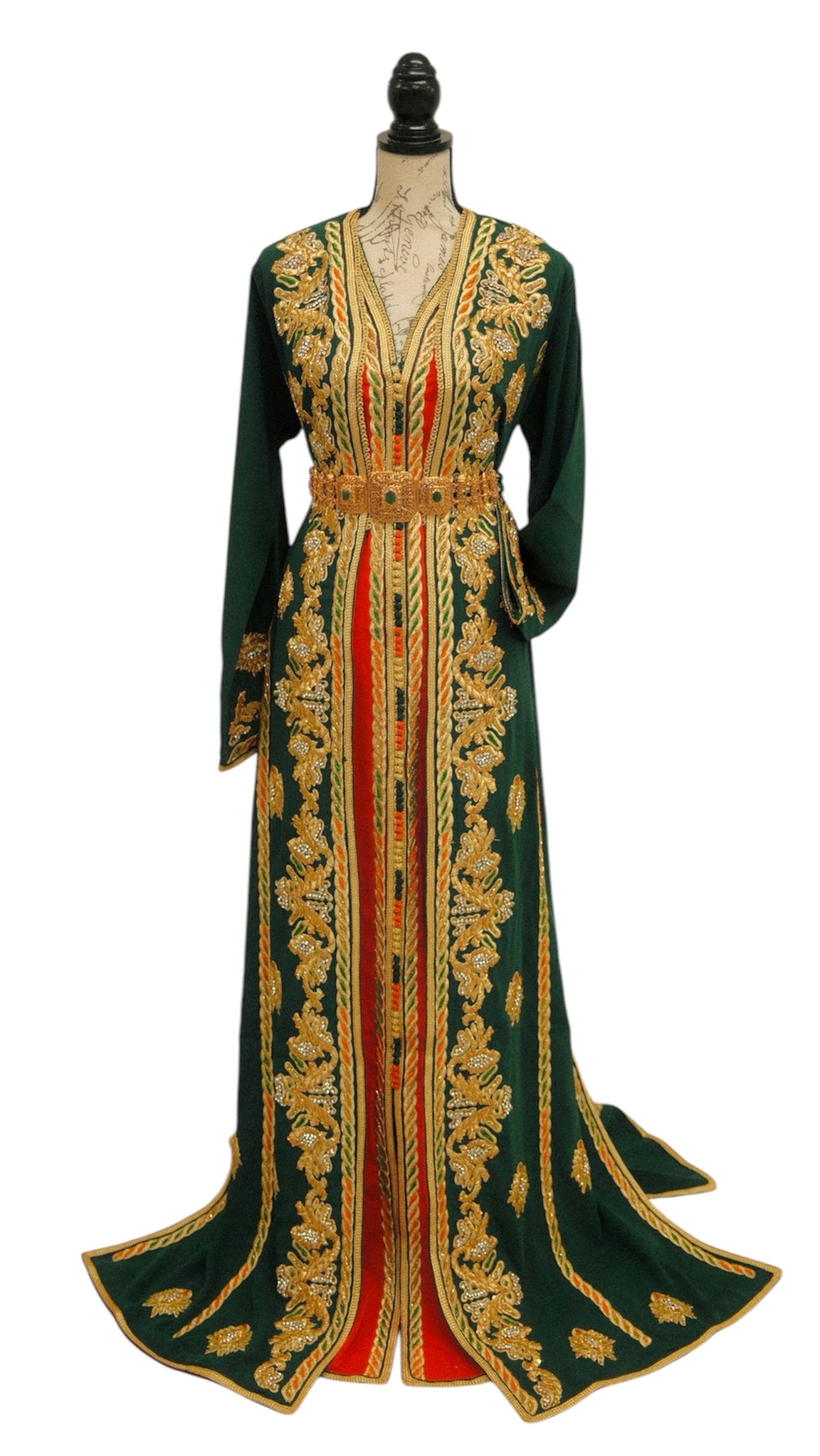 Emerald Green Moroccan Caftan – Two-Piece Satin-Lined Bridal & Evening Dress