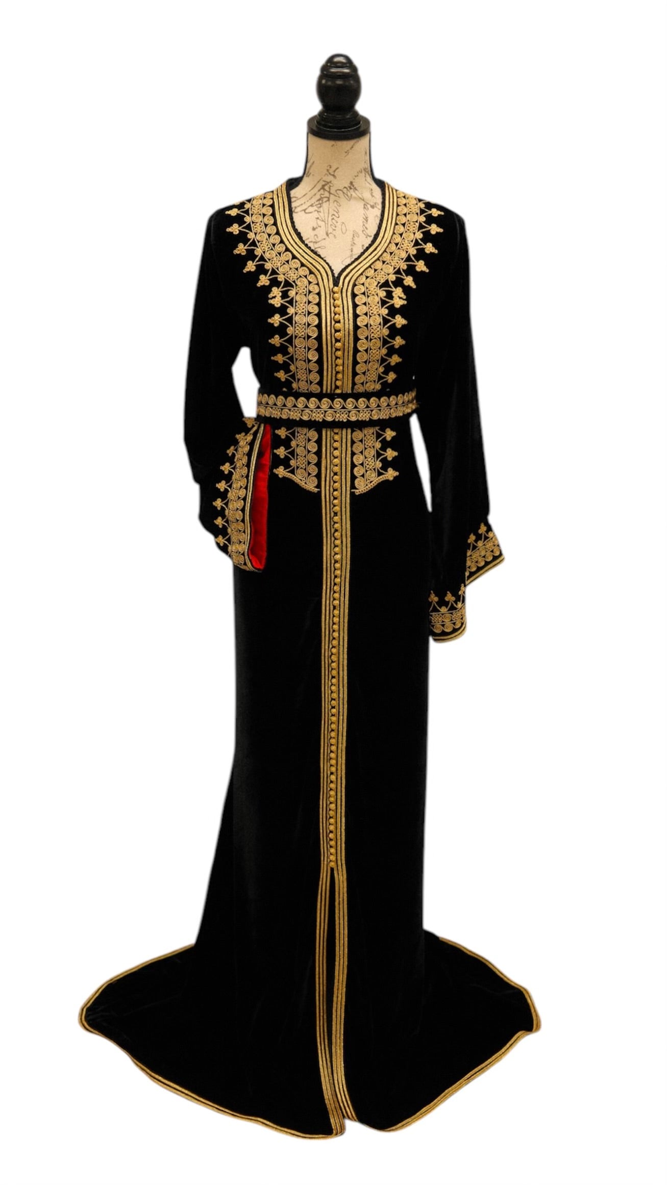 Timeless Black Velvet Caftan with Exquisite Gold Embroidery and Red Satin Contrast