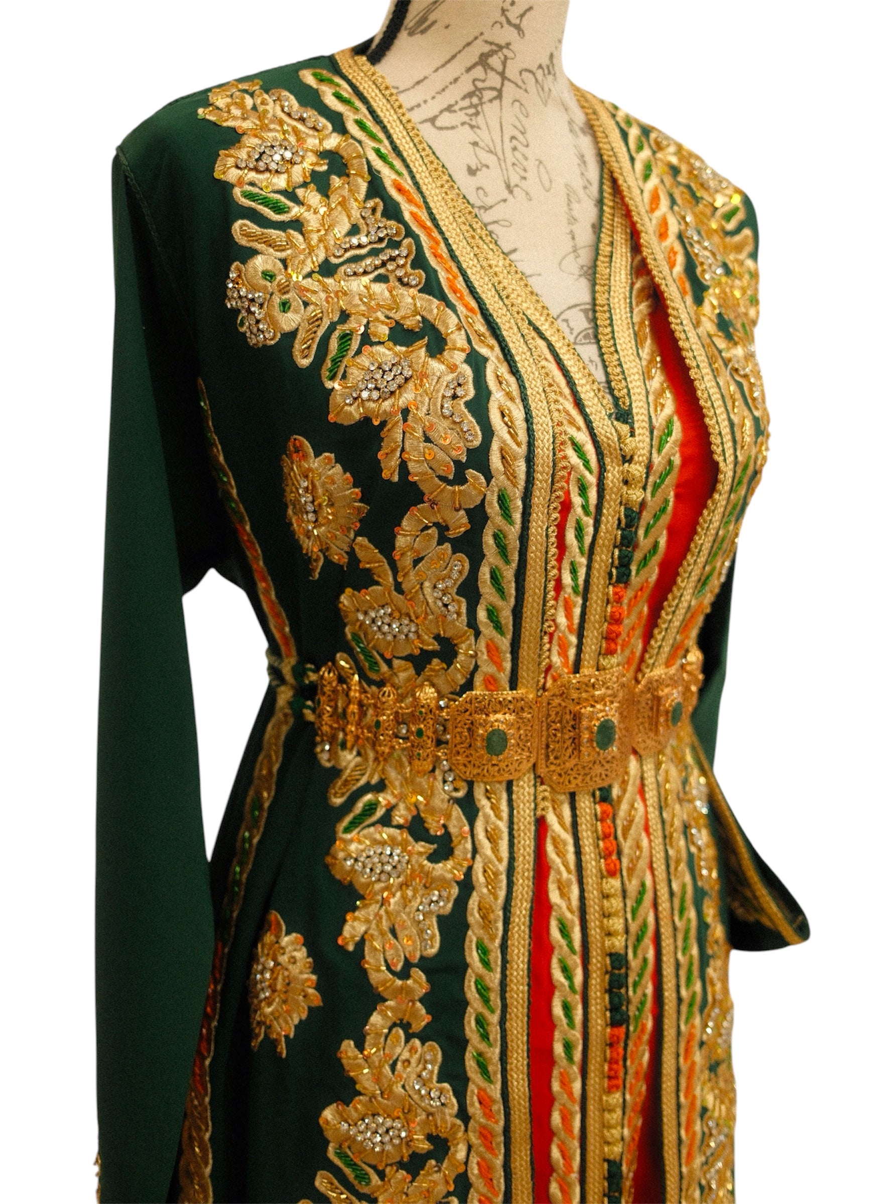 Emerald Green Moroccan Caftan – Two-Piece Satin-Lined Bridal & Evening Dress