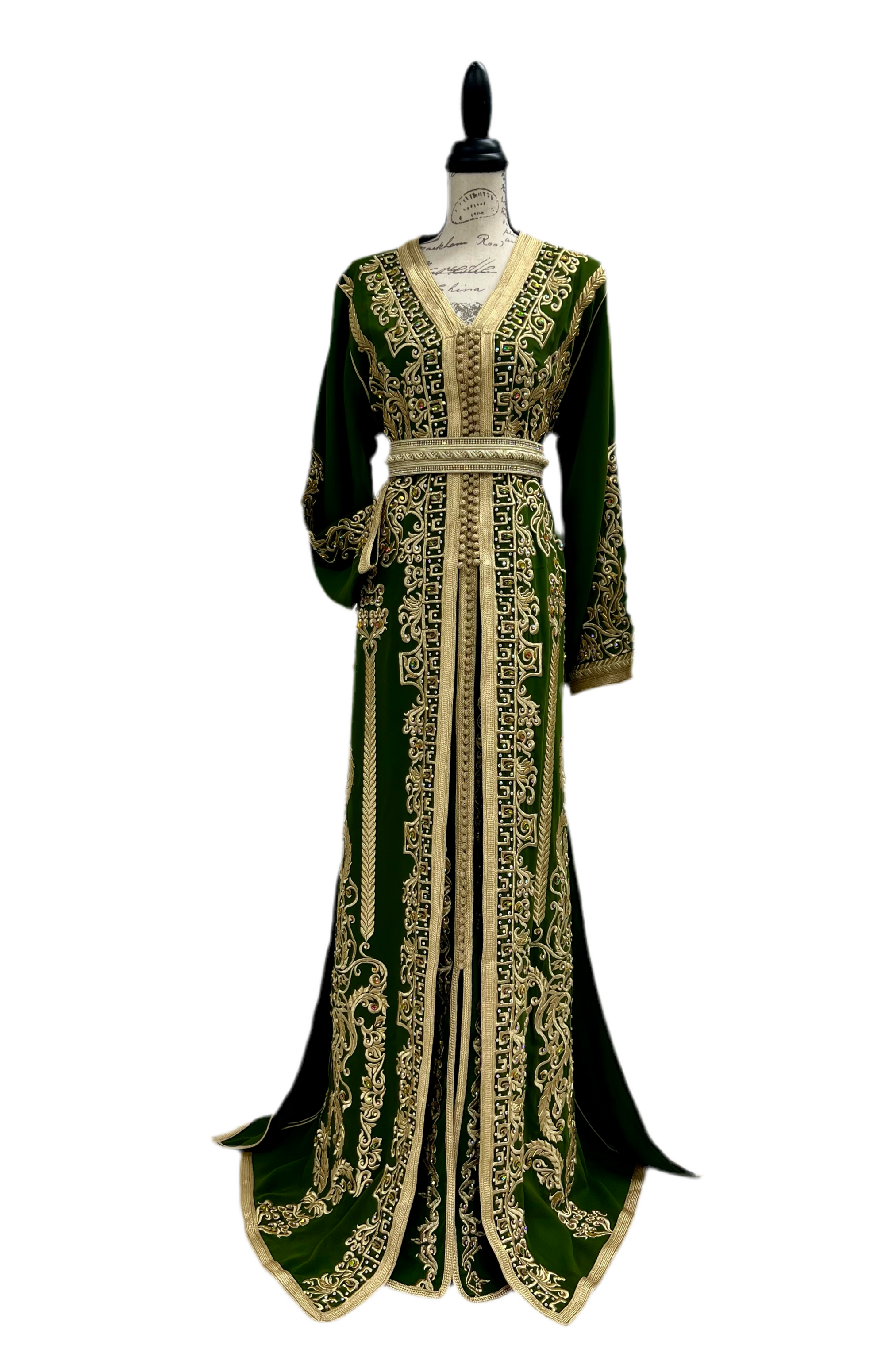 Olive Green and Gold Embroidered Crepe Caftan for Weddings and Special Events