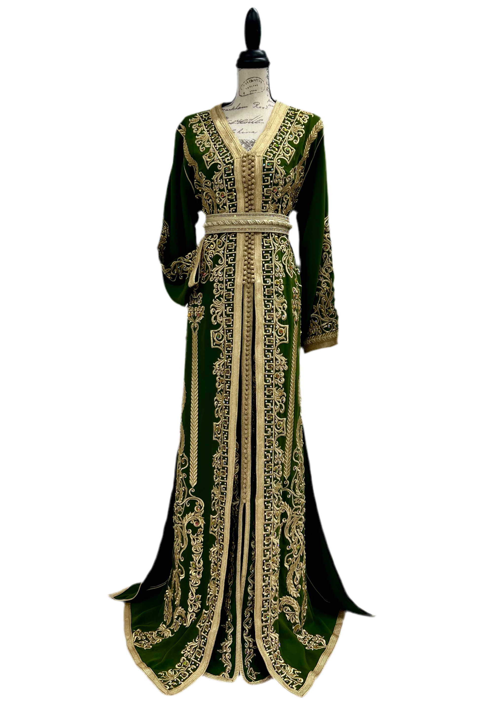 Olive Green and Gold Embroidered Crepe Caftan for Weddings and Special Events