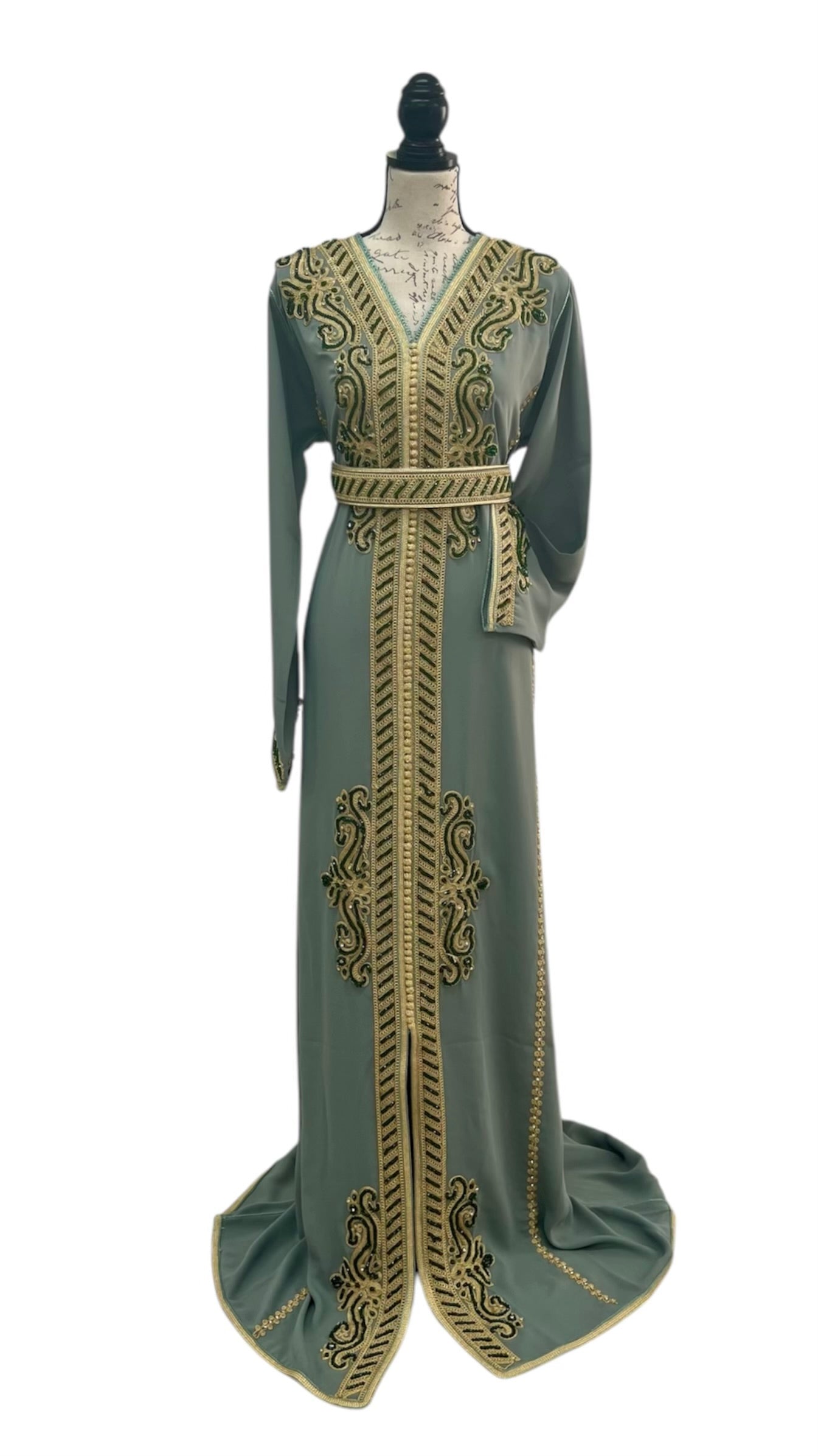 Sage Green Moroccan Caftan with Gold and Green Embroidery - Perfect for Any Occasion