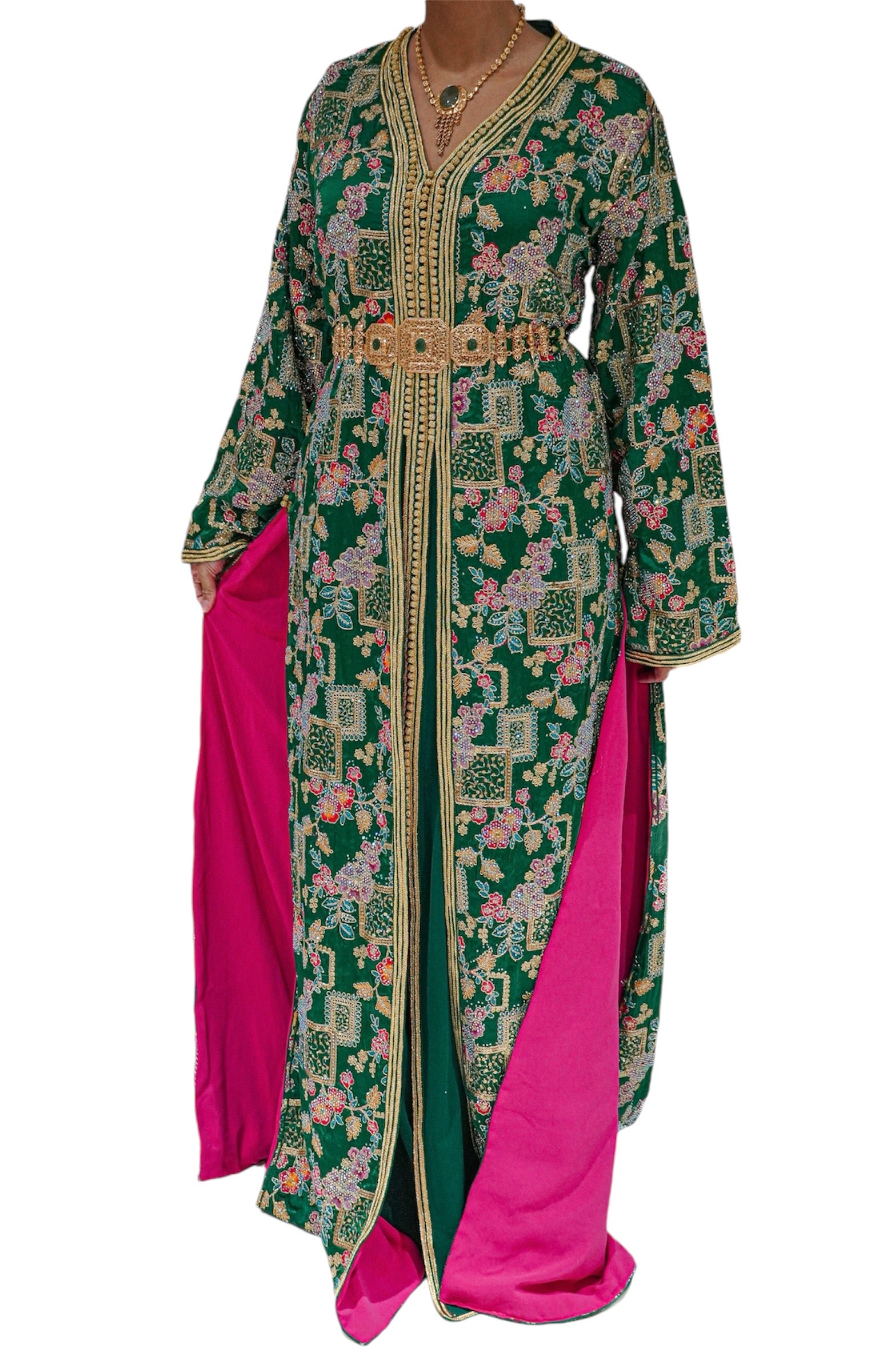 Tropical Emerald Caftan Featuring Pink Lining & Embroidery