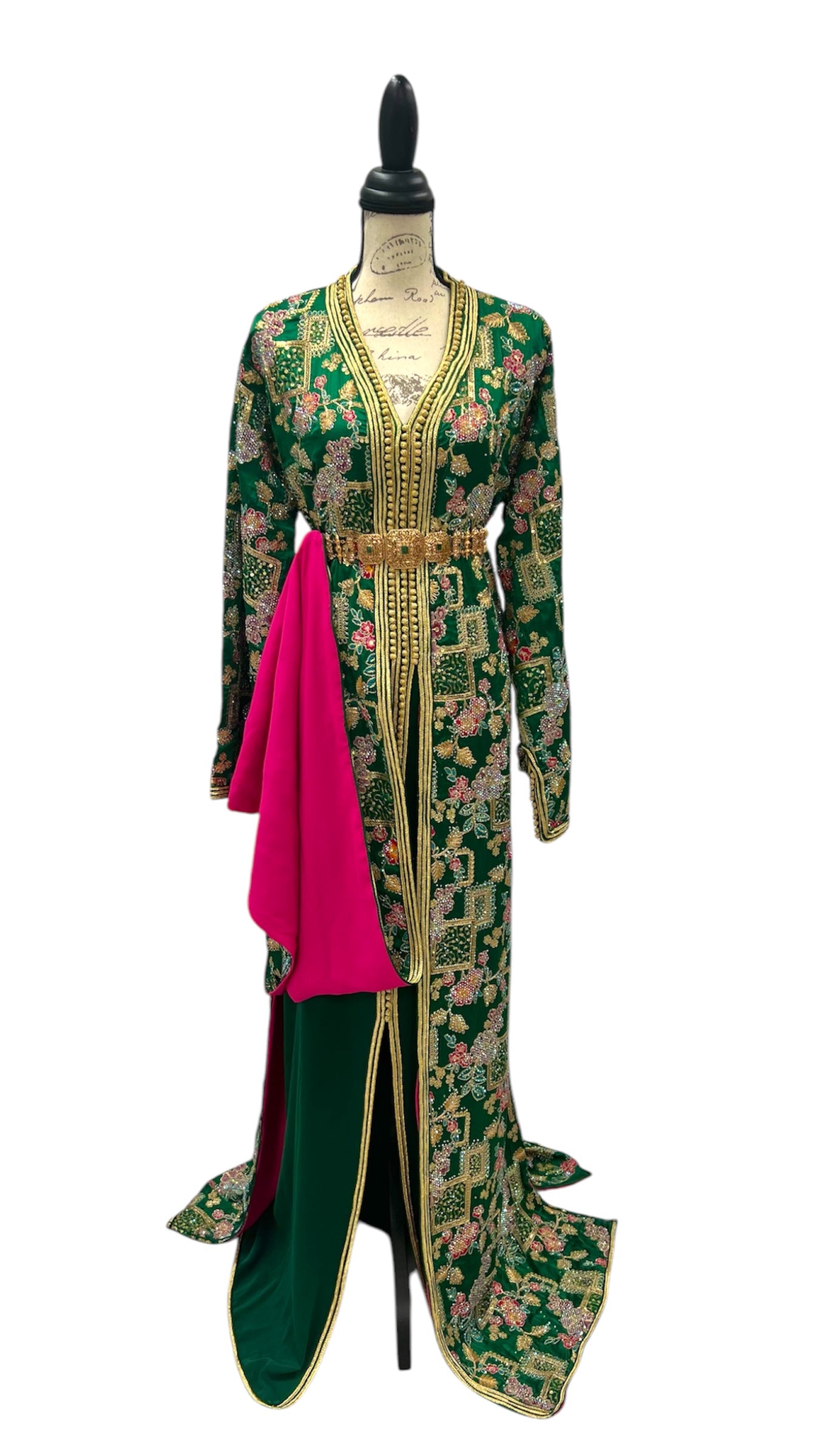 Tropical Emerald Caftan Featuring Pink Lining & Embroidery