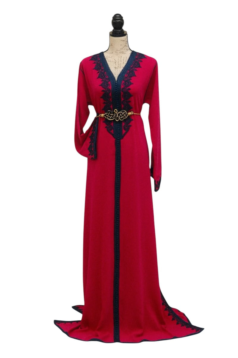 Chic Fuchsia Caftan with Navy Blue Embroidery