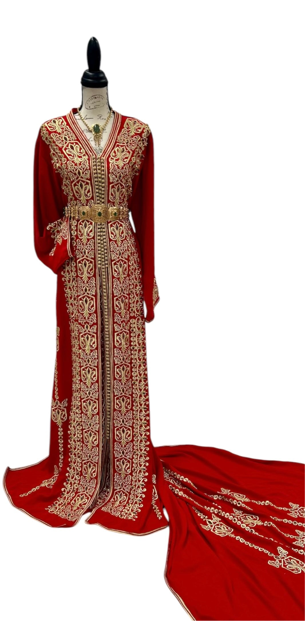 Red Bridal Caftan with Gold Embroidery and Train – Elegant Wedding Attire