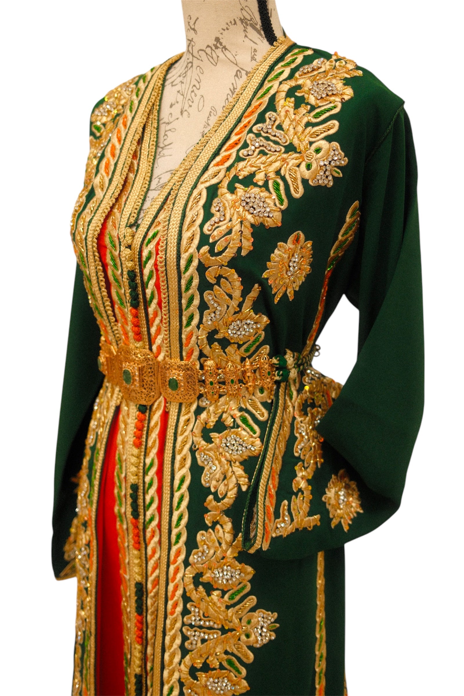 Emerald Green Moroccan Caftan – Two-Piece Satin-Lined Bridal & Evening Dress