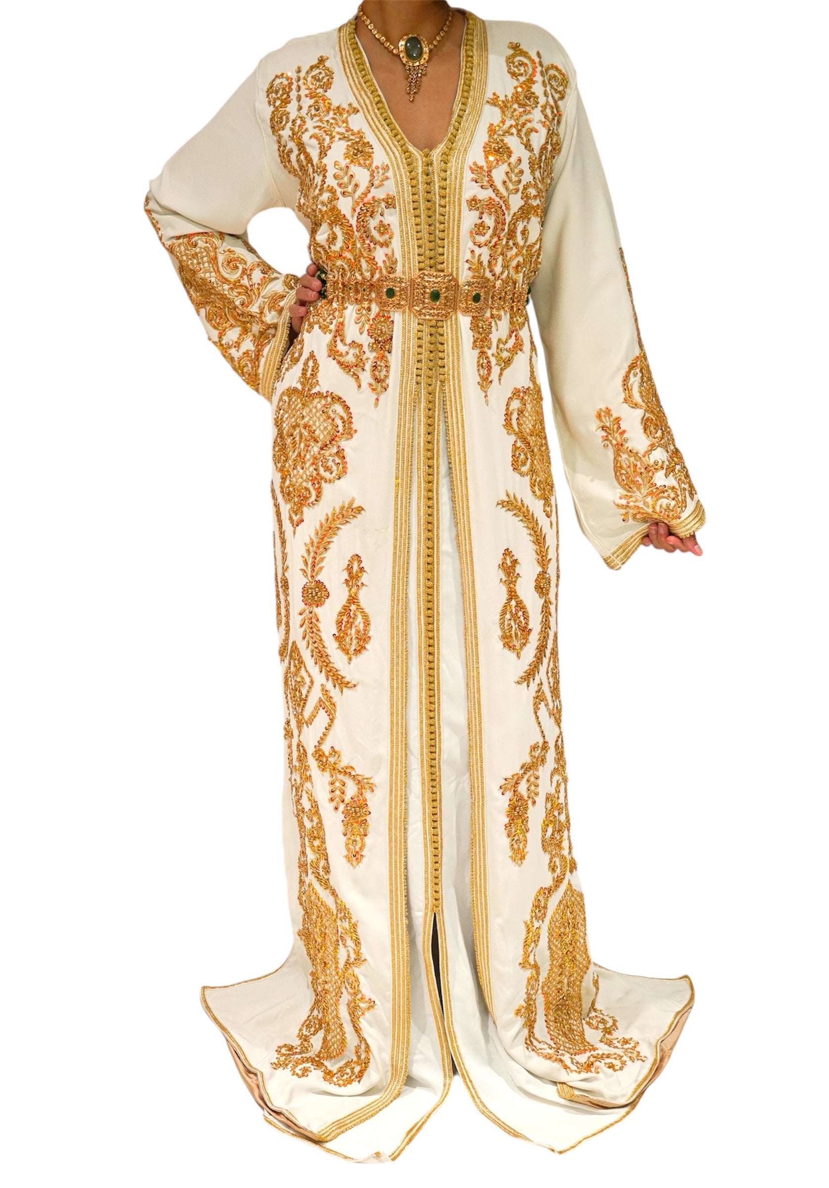 Gold Embroidered Cinched Waist Bridal Caftan with Satin Lining