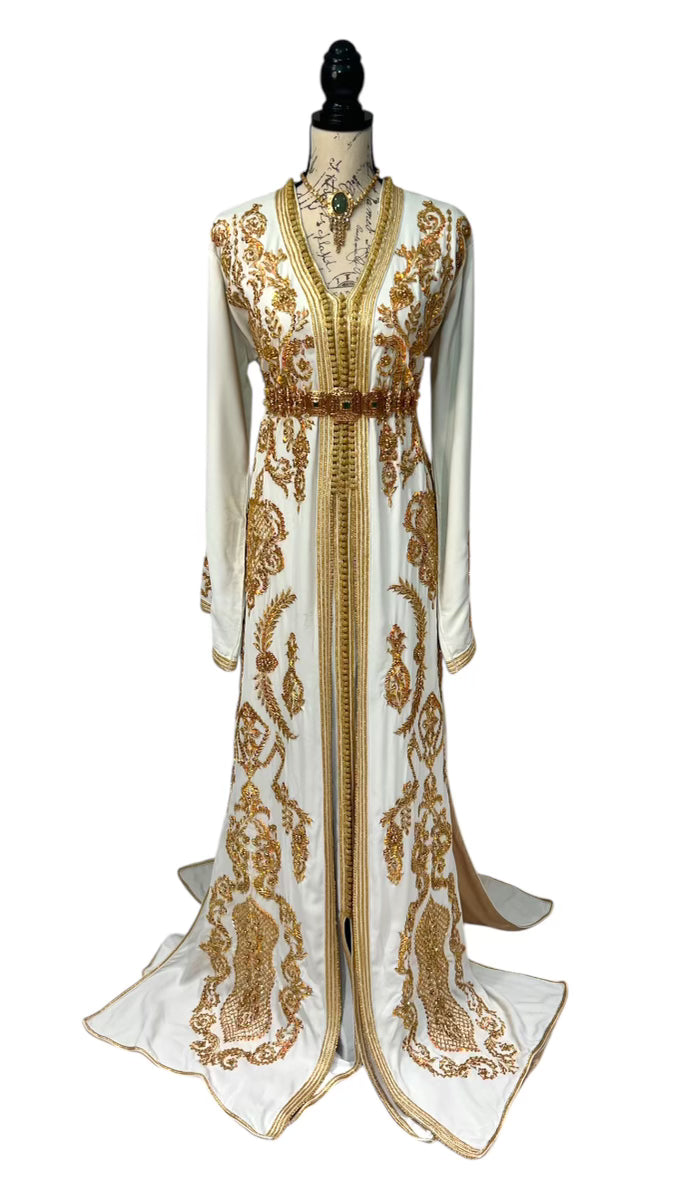 Gold Embroidered Cinched Waist Bridal Caftan with Satin Lining