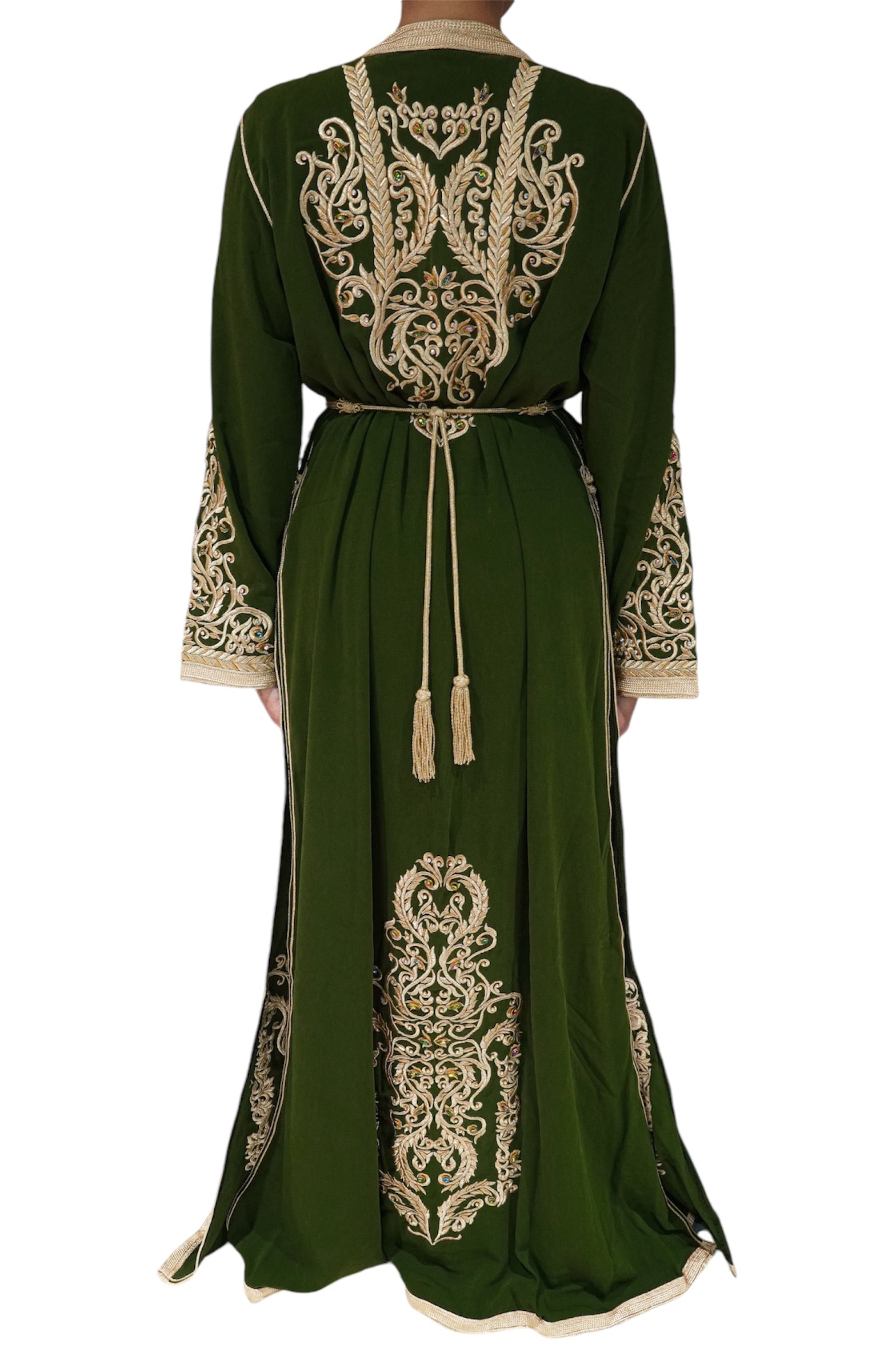 Olive Green and Gold Embroidered Crepe Caftan for Weddings and Special Events