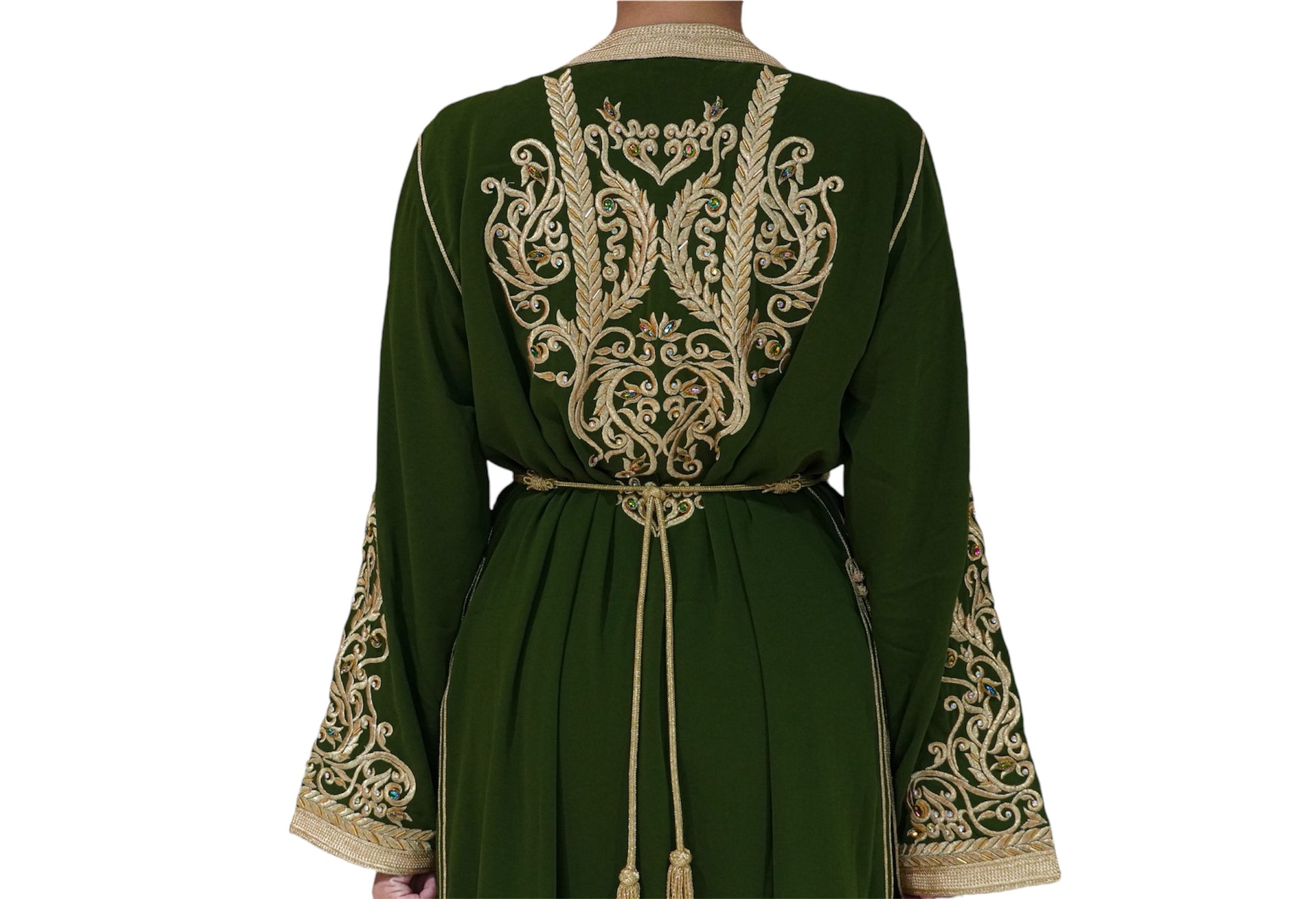 Olive Green and Gold Embroidered Crepe Caftan for Weddings and Special Events