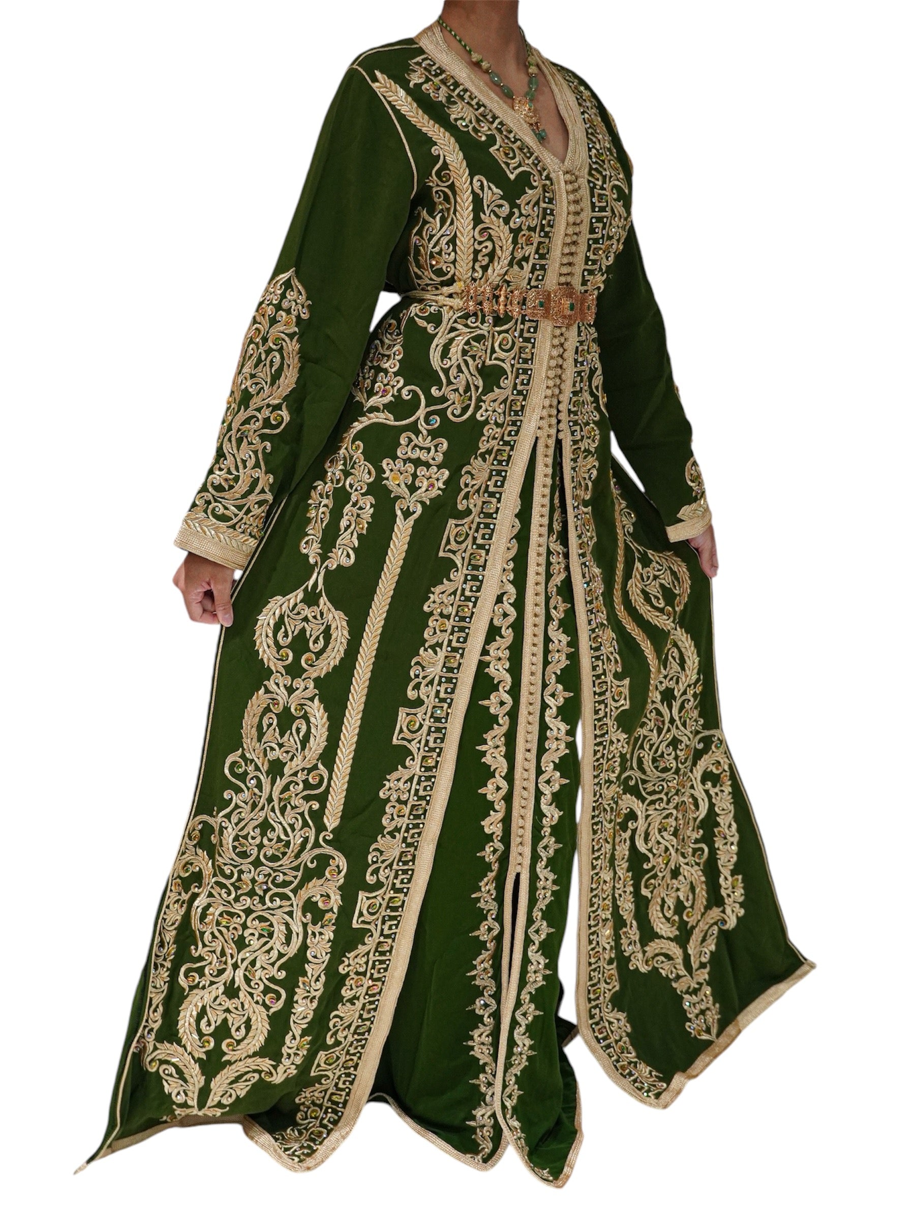 Olive Green and Gold Embroidered Crepe Caftan for Weddings and Special Events