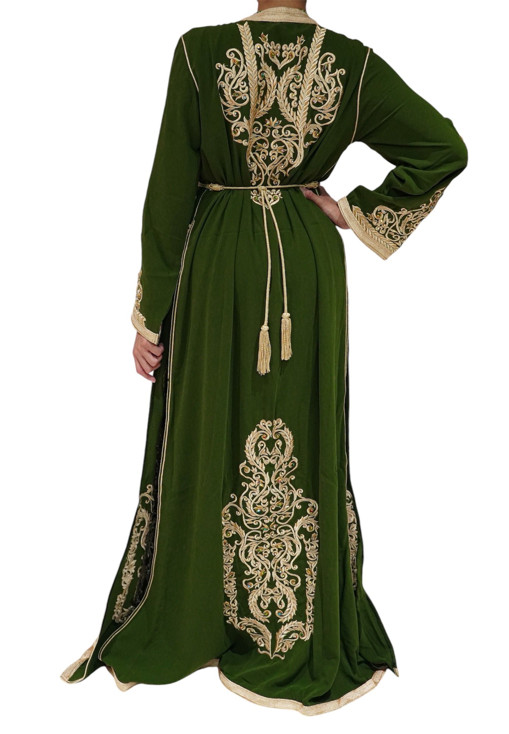 Olive Green and Gold Embroidered Crepe Caftan for Weddings and Special Events