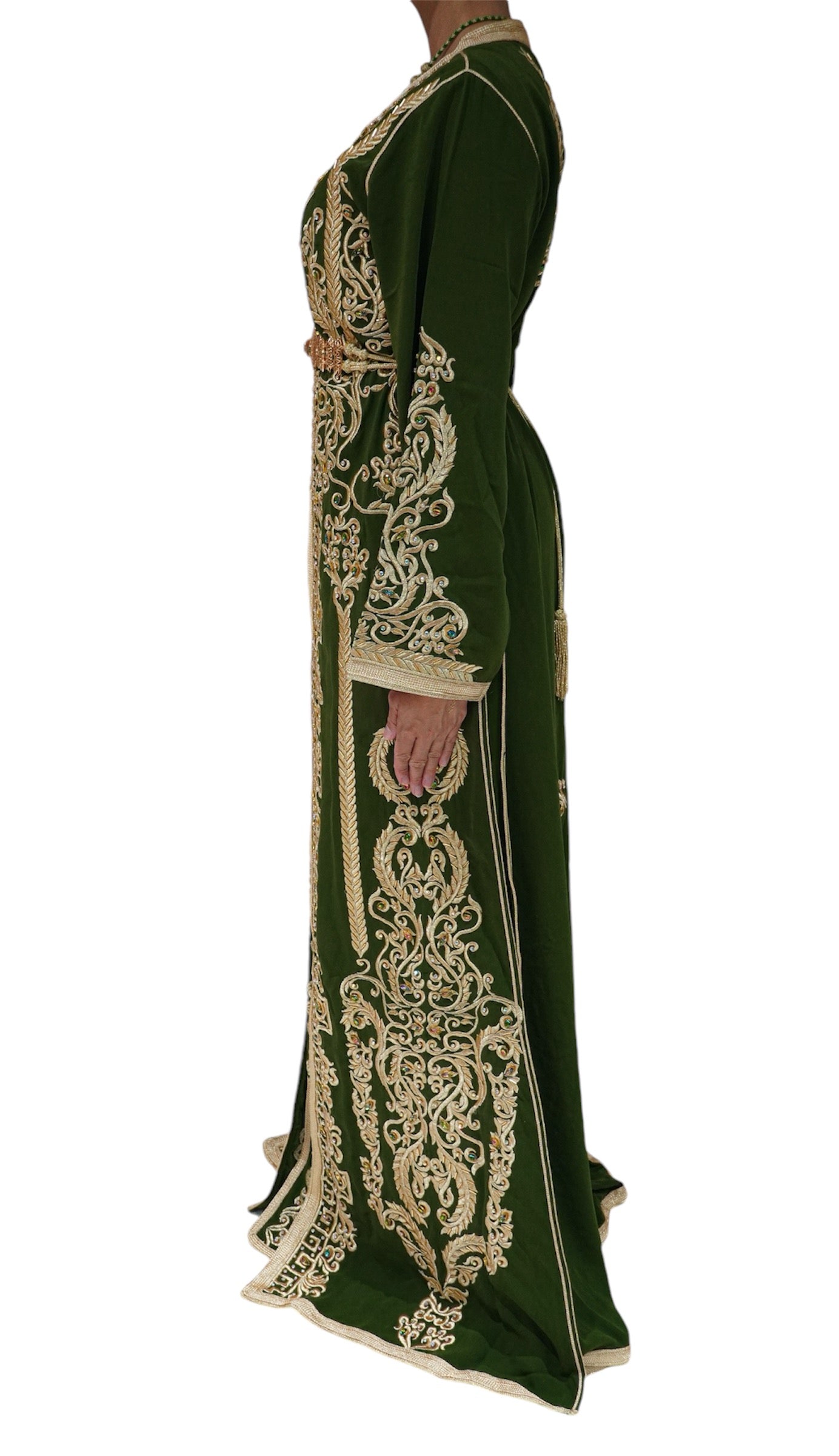 Olive Green and Gold Embroidered Crepe Caftan for Weddings and Special Events