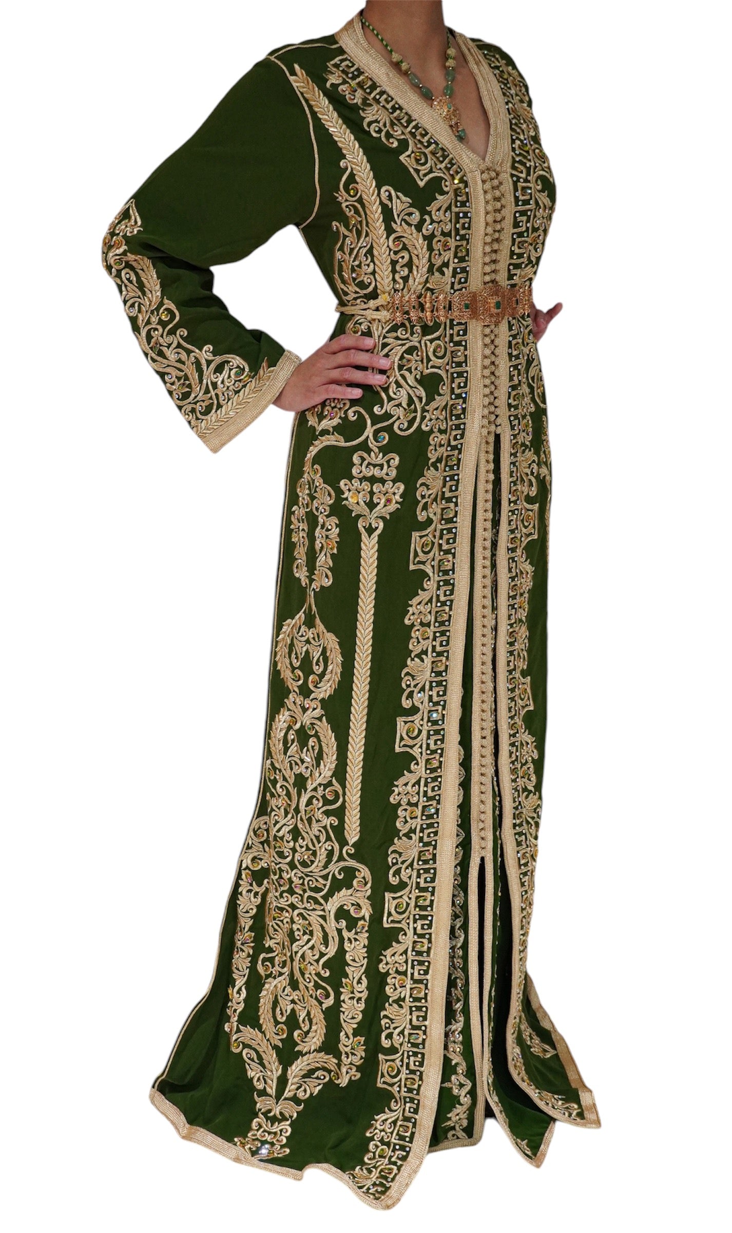 Olive Green and Gold Embroidered Crepe Caftan for Weddings and Special Events